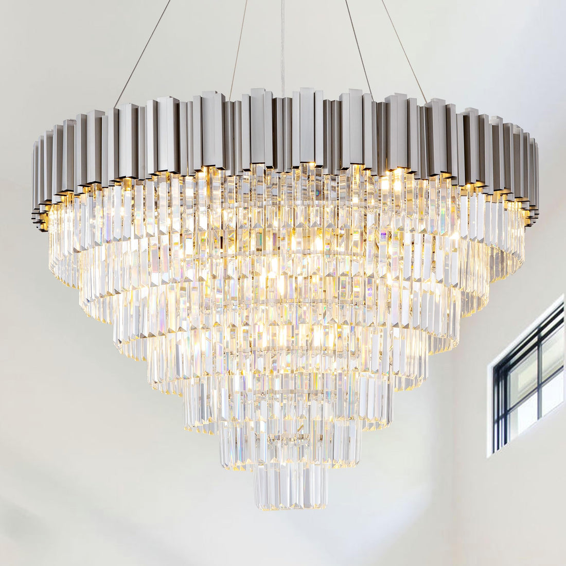 H39" Long Crystal Chandelier for High Ceilings, 20-Light Modern Black Large Chandeliers for Staircase Foyer Entryway Living Room Hallway, 7-Tier Luxury Top K9 Crystal Tiered Ceiling Light Fixture