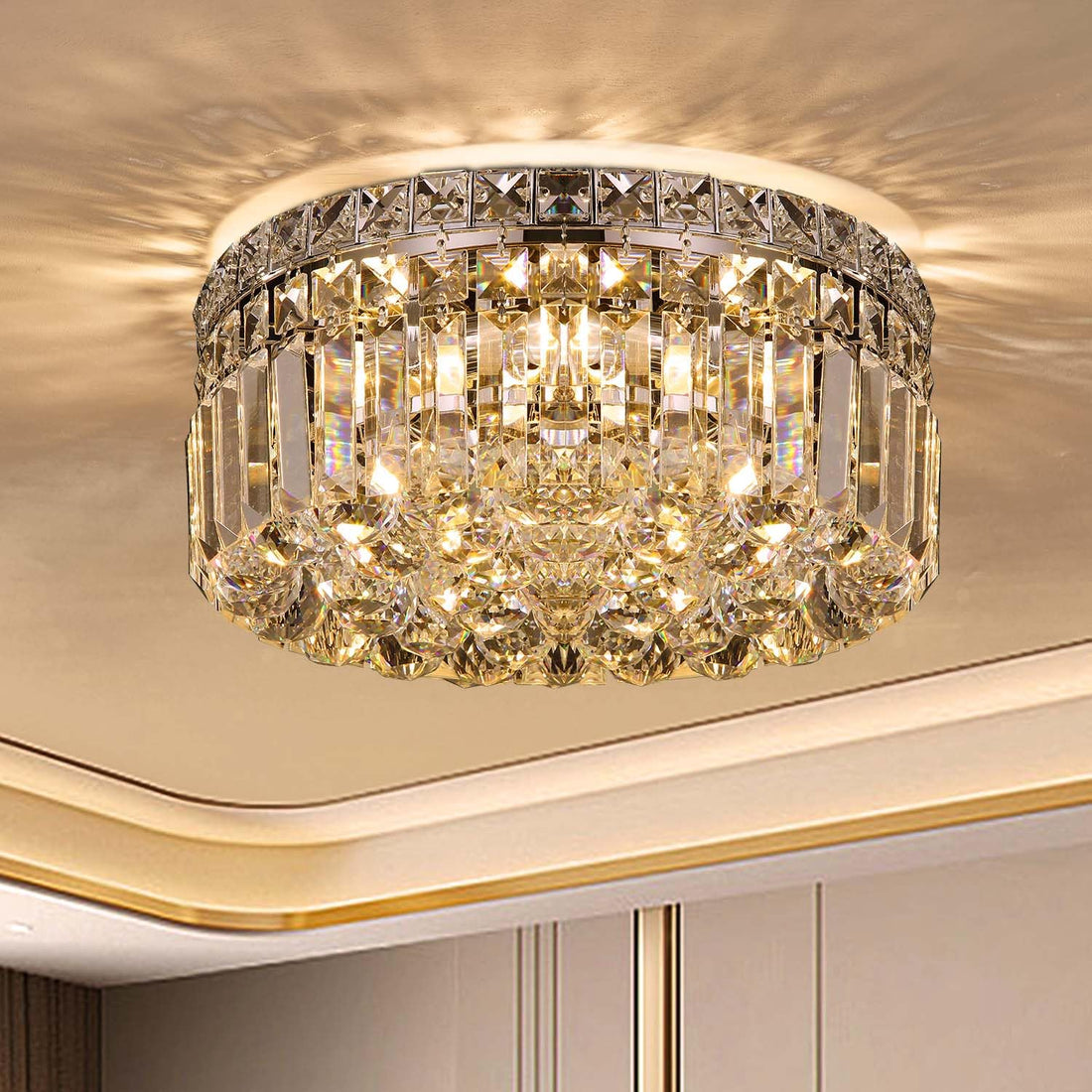 Modern Crystal Chandelier, 14 inch Flush Mount Ceiling Light Fixture, 4-Lights Mini Chandeliers with Crystal Balls for Porch Kitchen Bedroom Living Room Entryway