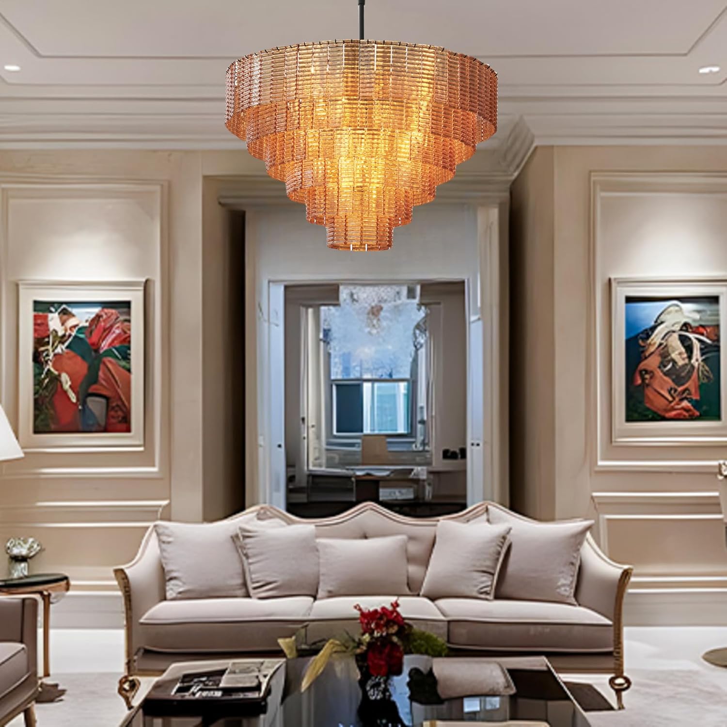 41" Extra Large 18 - Light Amber Glass Black Round Chandelier - Camilalamps - CA-B0FPM873C1