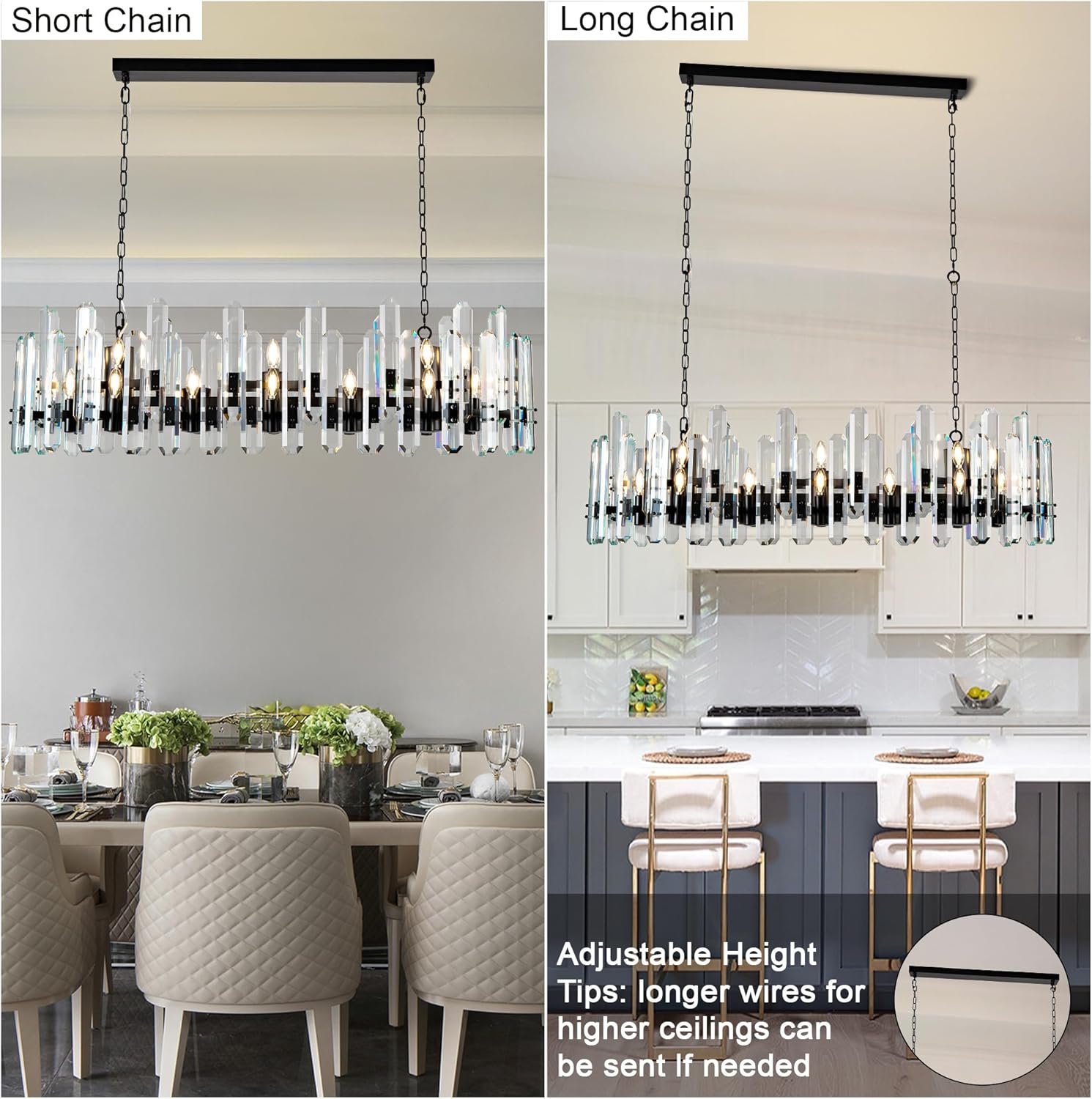 Luxury 54" Black Rectangular Crystal Chandelier with Adjustable Chain - Camilalamps - CA-B0FJFSTY2S