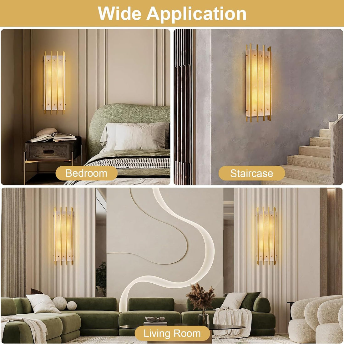 25.8in Alabaster Wall Sconce, Brass Square Natural Marble Wall Light, Modern Dimmable Wall Lighting Fixture Decor Bathroom Lamp for Bedroom Stairs Living Room Hallway Indoor