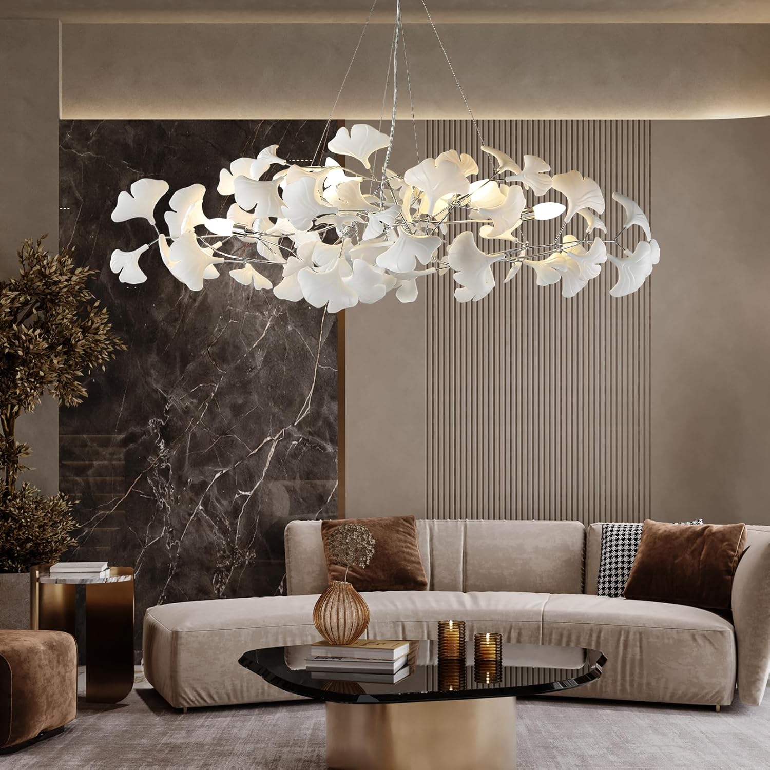 Silver Ceramic Ginkgo Leaf Branch Chandelier – 47.2" Brass Rectangle - Camilalamps - CA-B0DL9T23Q8