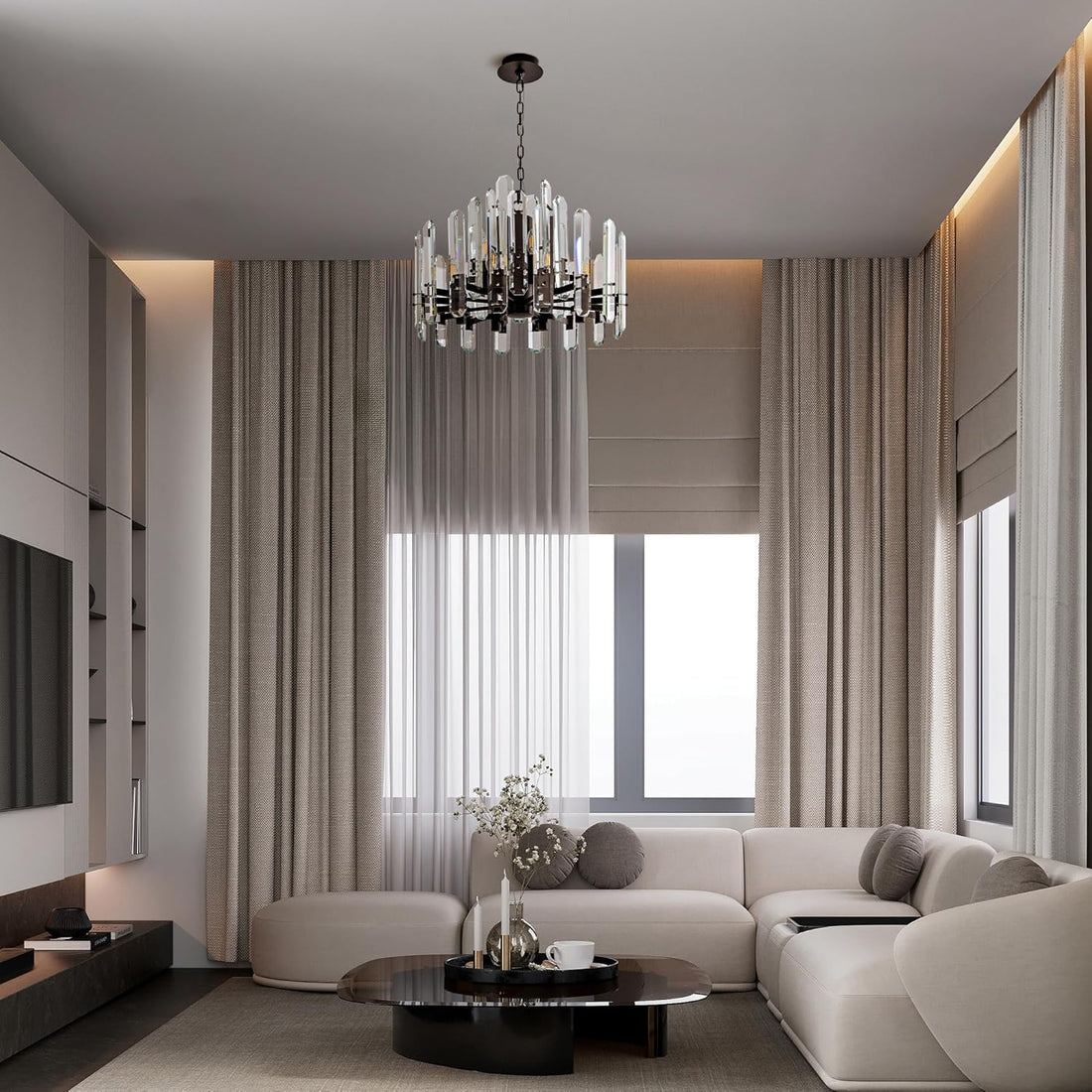 24" Black Modern Crystal Chandelier with Adjustable Height - Camilalamps - CA-B0FJFX93R1