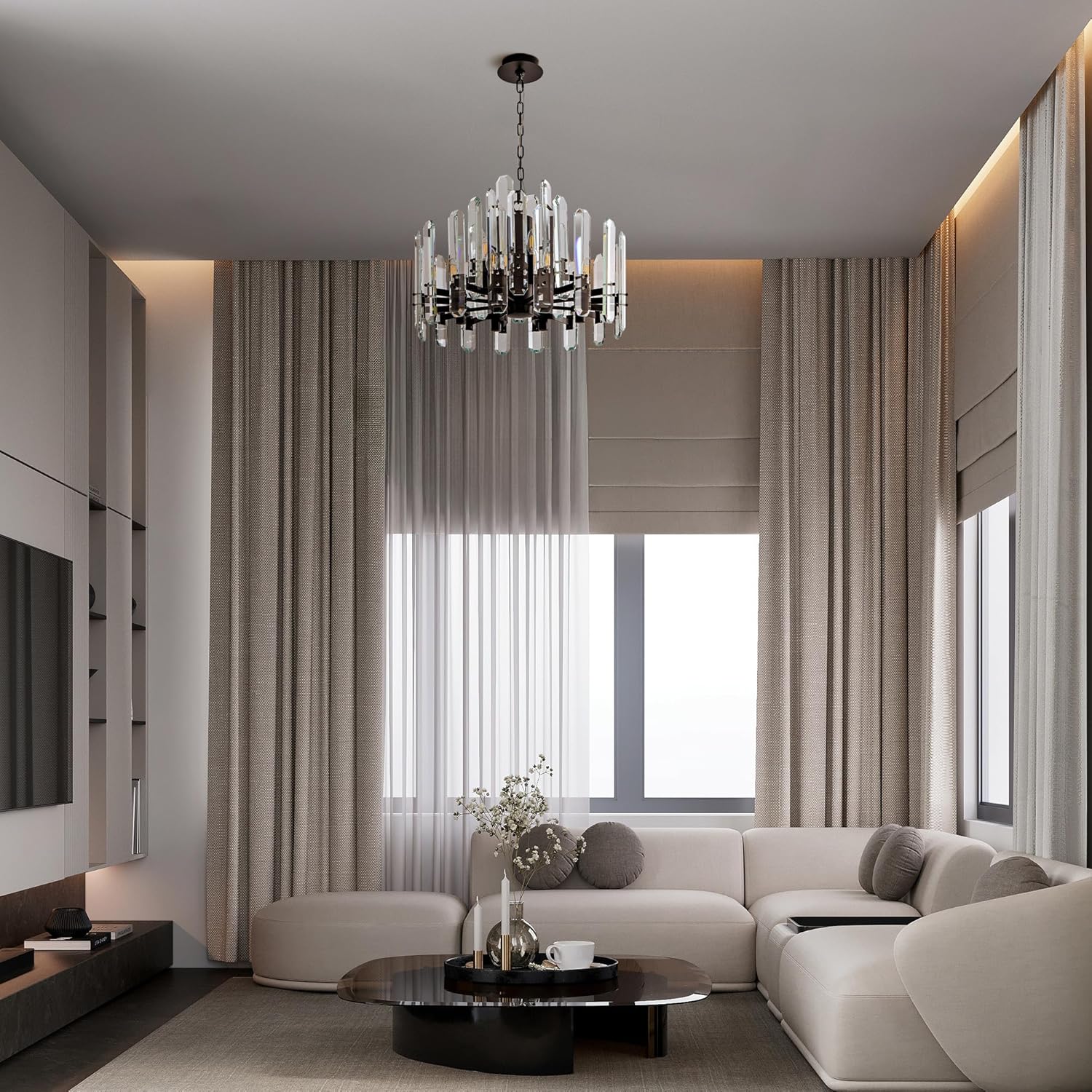 24" Black Modern Crystal Chandelier with Adjustable Height - Camilalamps - CA-B0FJFX93R1