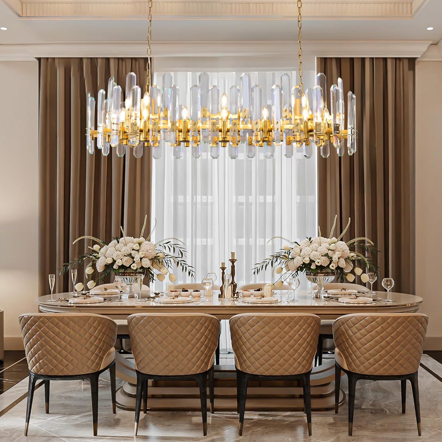 Luxury 54" Gold Crystal Chandelier – 24 Light Rectangular Fixture for Dining & Living Rooms - Camilalamps - CA-B0FJFZYLSB