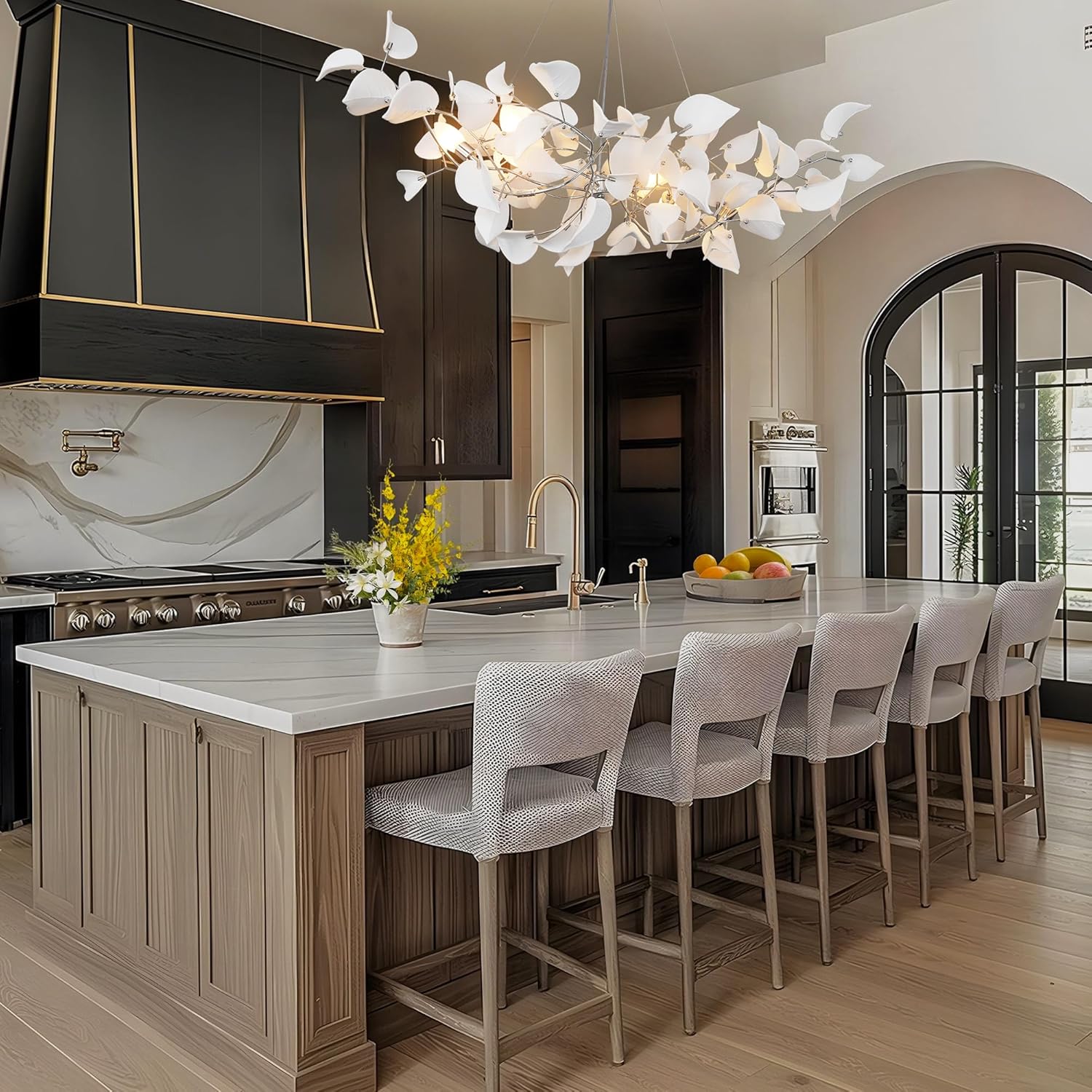 Gold Ceramic Leaf Chandelier with 6 Adjustable Lights, 31.5" Diameter - Camilalamps - CA-B0FFT7GZFQ