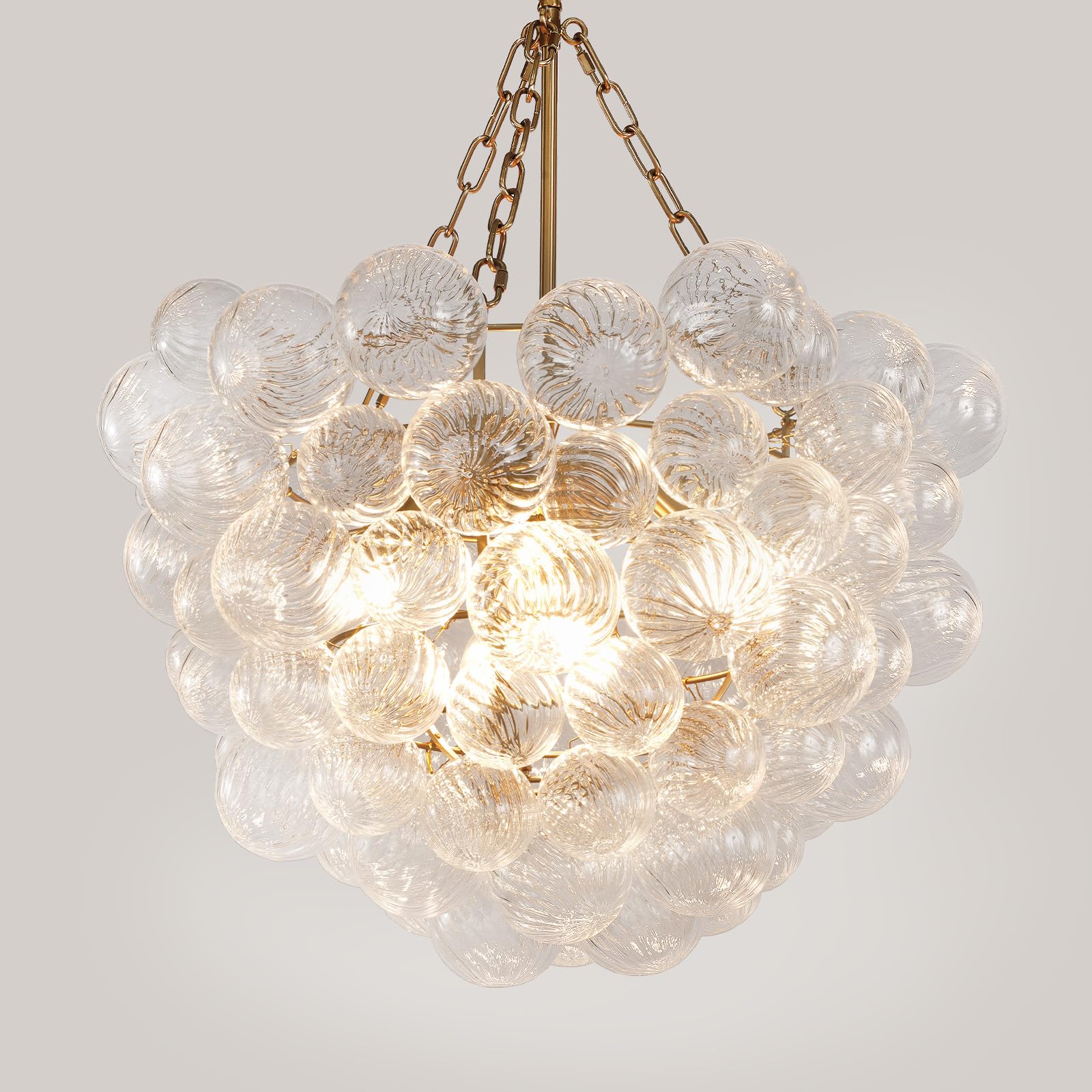 Gold Bubble Globe Chandelier, Modern Blown Glass Chandeliers with Ribbed Clear Balls, Small 24" Dia Antique Style Pendant Ceiling Light for Dining Room, Entry, Bedroom