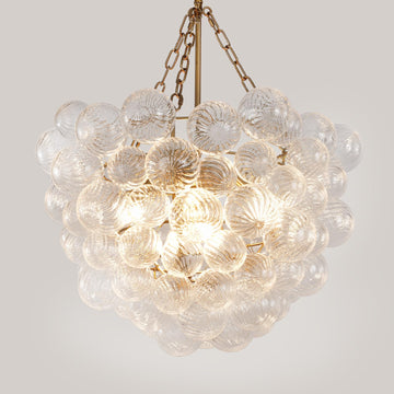 Gold Bubble Globe Chandelier, Modern Blown Glass Chandeliers with Ribbed Clear Balls, Small 24" Dia Antique Style Pendant Ceiling Light for Dining Room, Entry, Bedroom