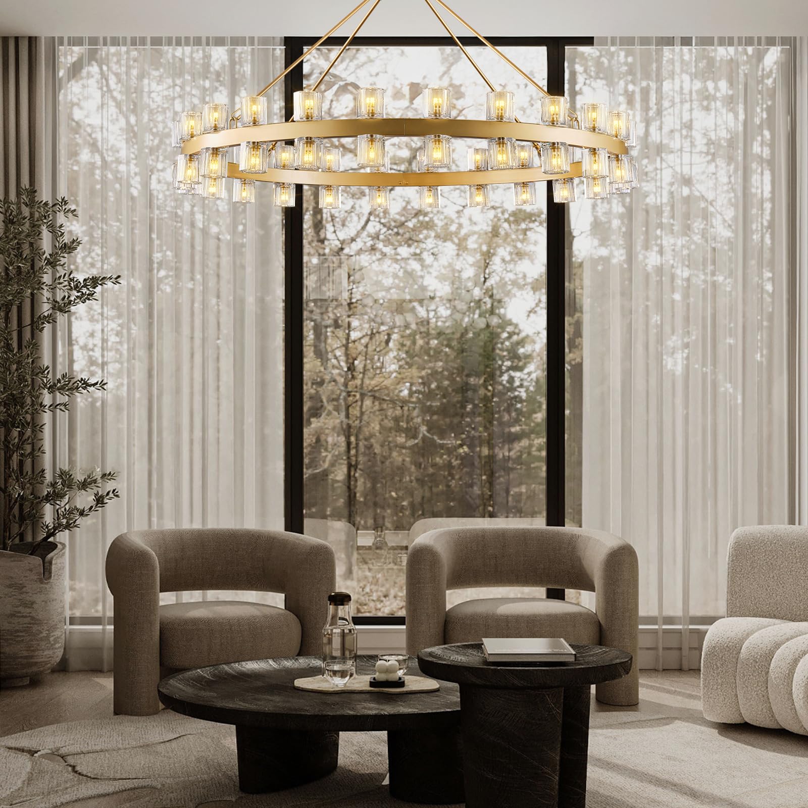 48 Inch Black Wagon Wheel Chandelier with Crystal Shade, 48 Lights, Modern Farmhouse Style, Ideal for Dining Room, Kitchen, Entryways - Camilalamps - B0DPJY8R54