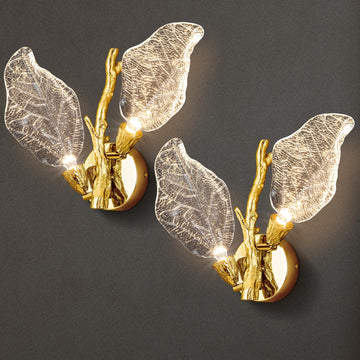 Wall Sconces, Gold Bathroom Sconces Wall Lighting with Clear Acrylic Leaf, Modern Sconces Wall Decor Wall Light fixtures for Bathroom Mirror Living Room Hallway Bedroom Stairs (1pcs,Gold)