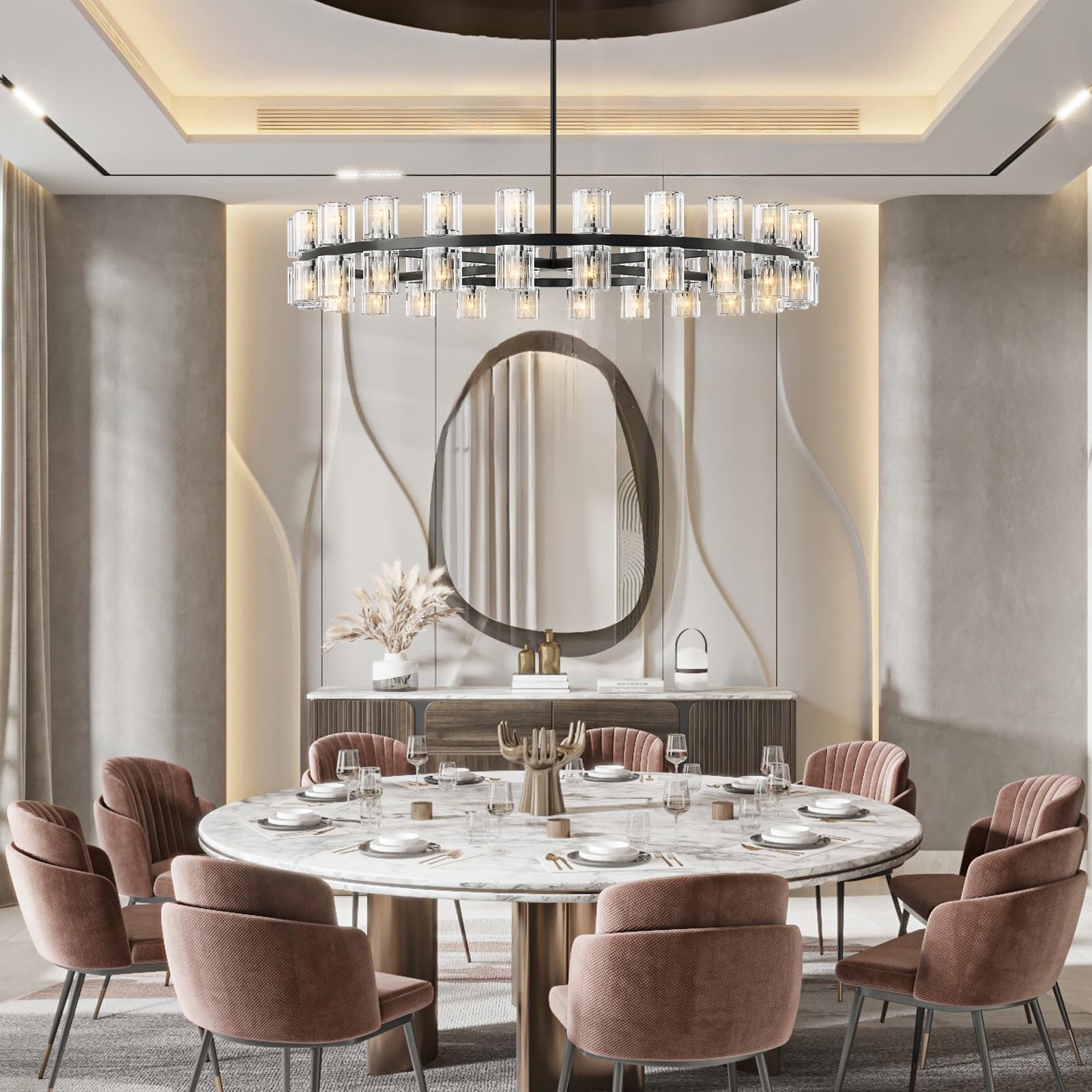 48 Inch Black Wagon Wheel Chandelier with Crystal Shade, 48 Lights, Modern Farmhouse Style, Ideal for Dining Room, Kitchen, Entryways - Camilalamps - B0DPJY8R54