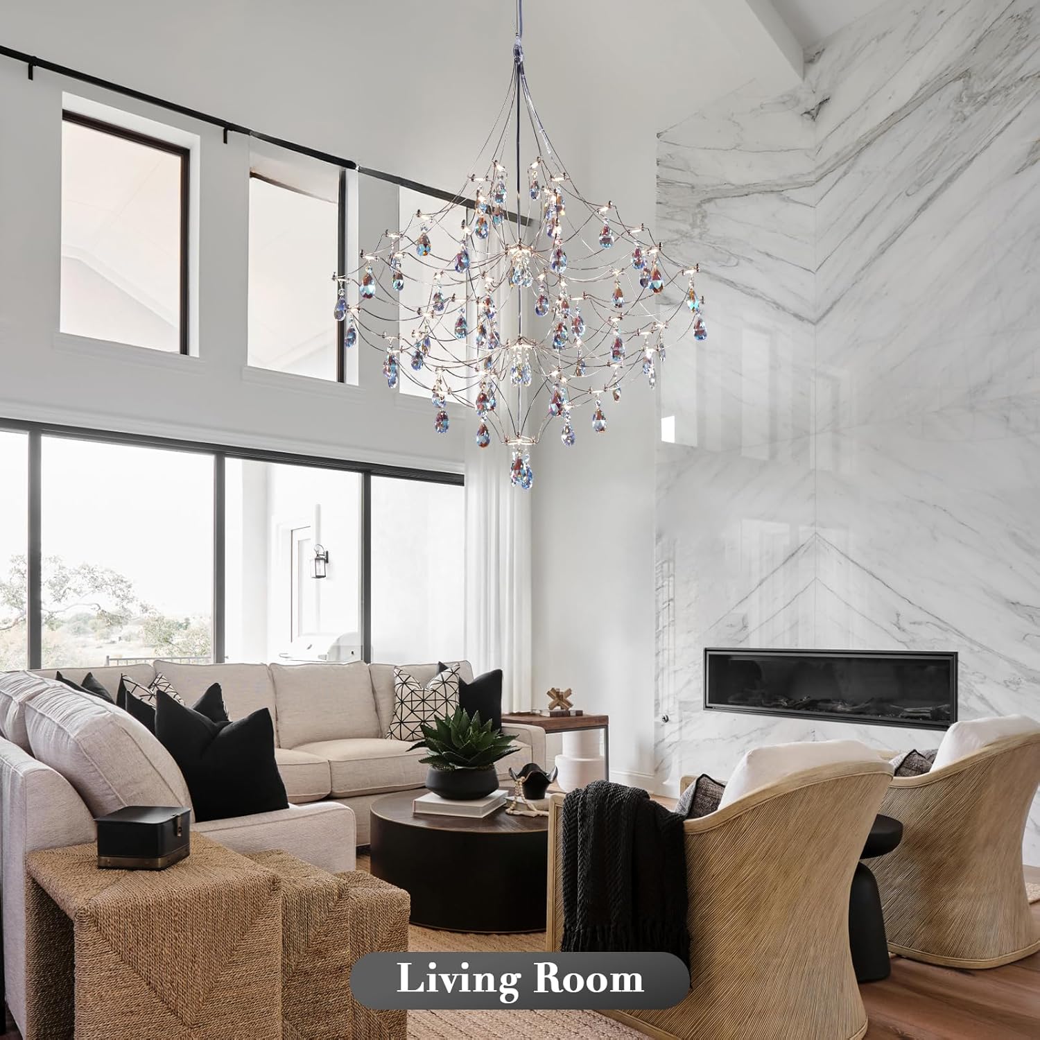Silver 31.5" Round Crystal Raindrop Chandelier for Modern Homes - Camilalamps - CA-B0FPM628ZH