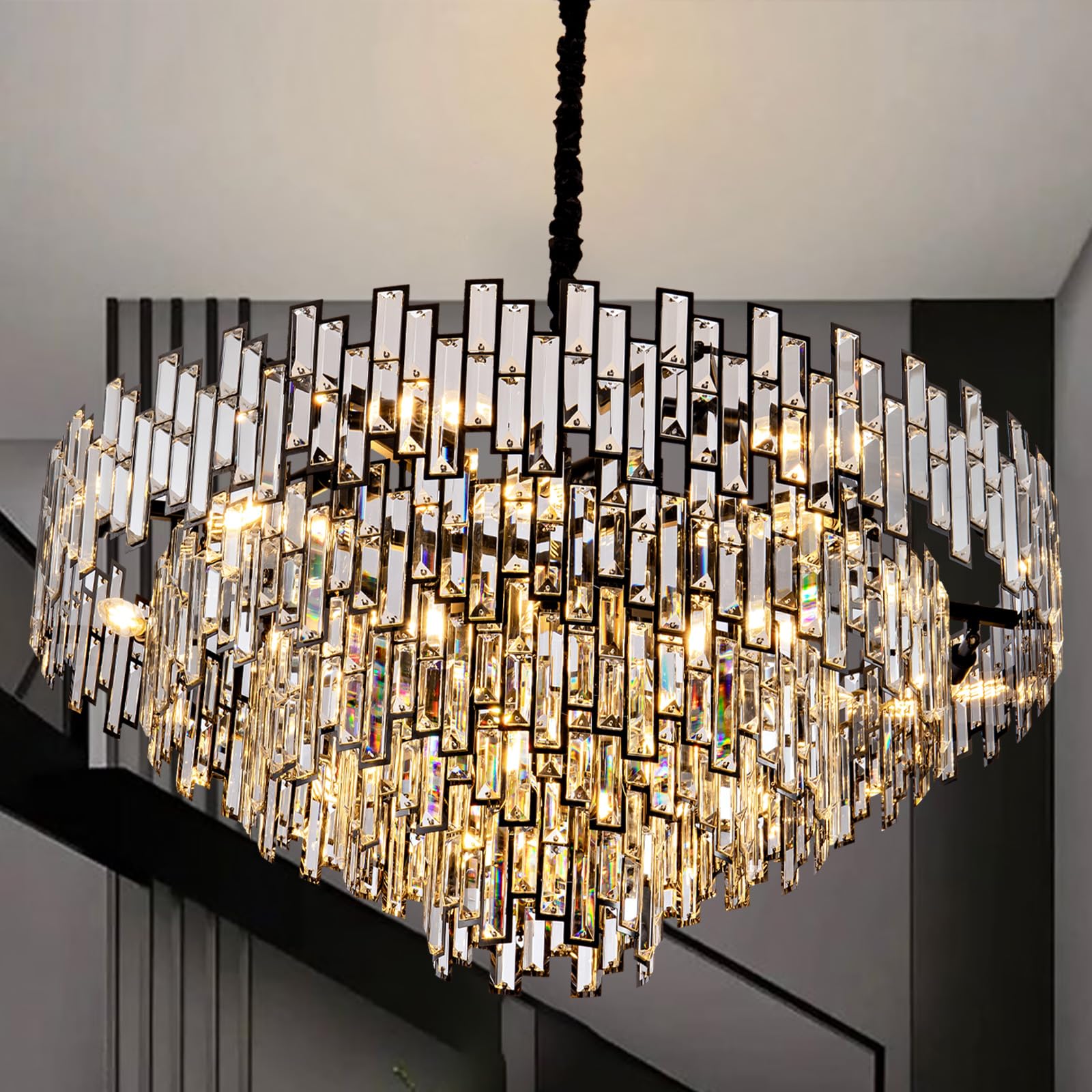 Black Crystal Chandelier, 3-Tier Modern Round Chandelier for Dining Room, Luxury K9 Crystal Ceiling Pendant Light Fixture for Entryway Foyer Stairway Hall Dining Living Room 24.4''