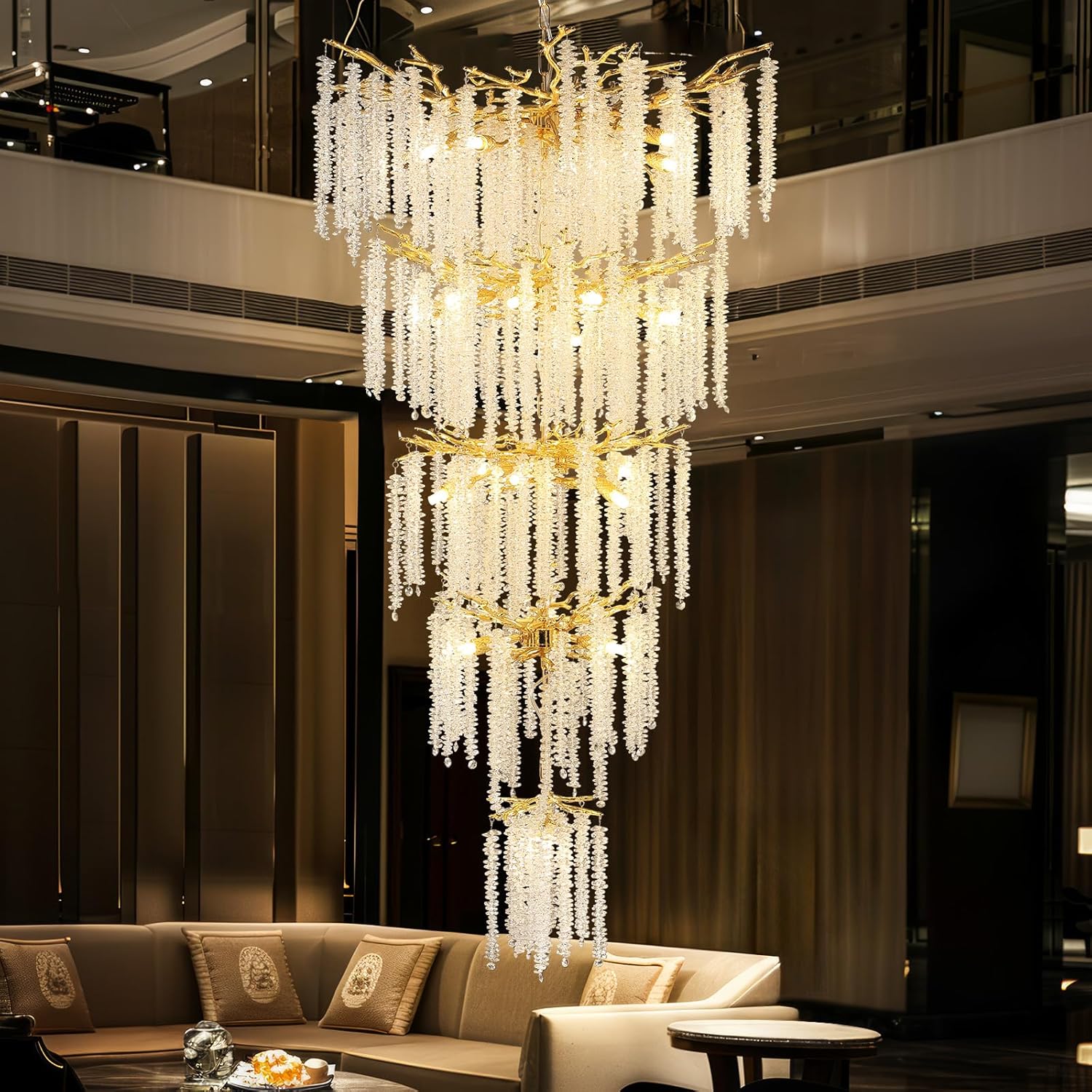 H118'' Modern Crystal Chandelier, 20 Lights Gold Large Pendant Lighting, Luxury High Ceiling Chandeliers, Tree Branches Staircase Hanging Lighting for Entryway, Foyer & Living Room Decor