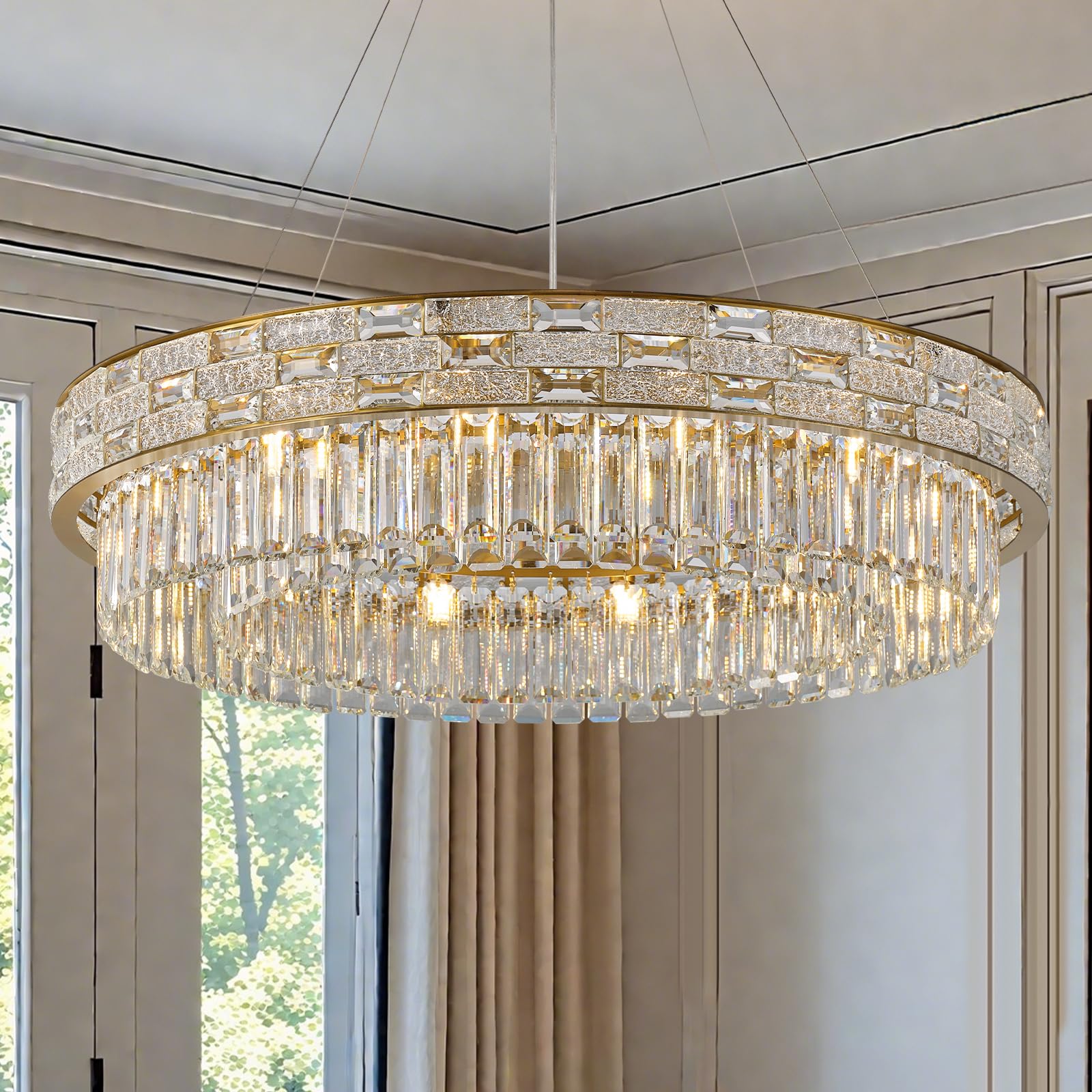 Crystal Chandeliers,31" Modern Gold Chandelier Pendant Light Fixture, Large Luxury Round Chandelier for Living Room Entryway