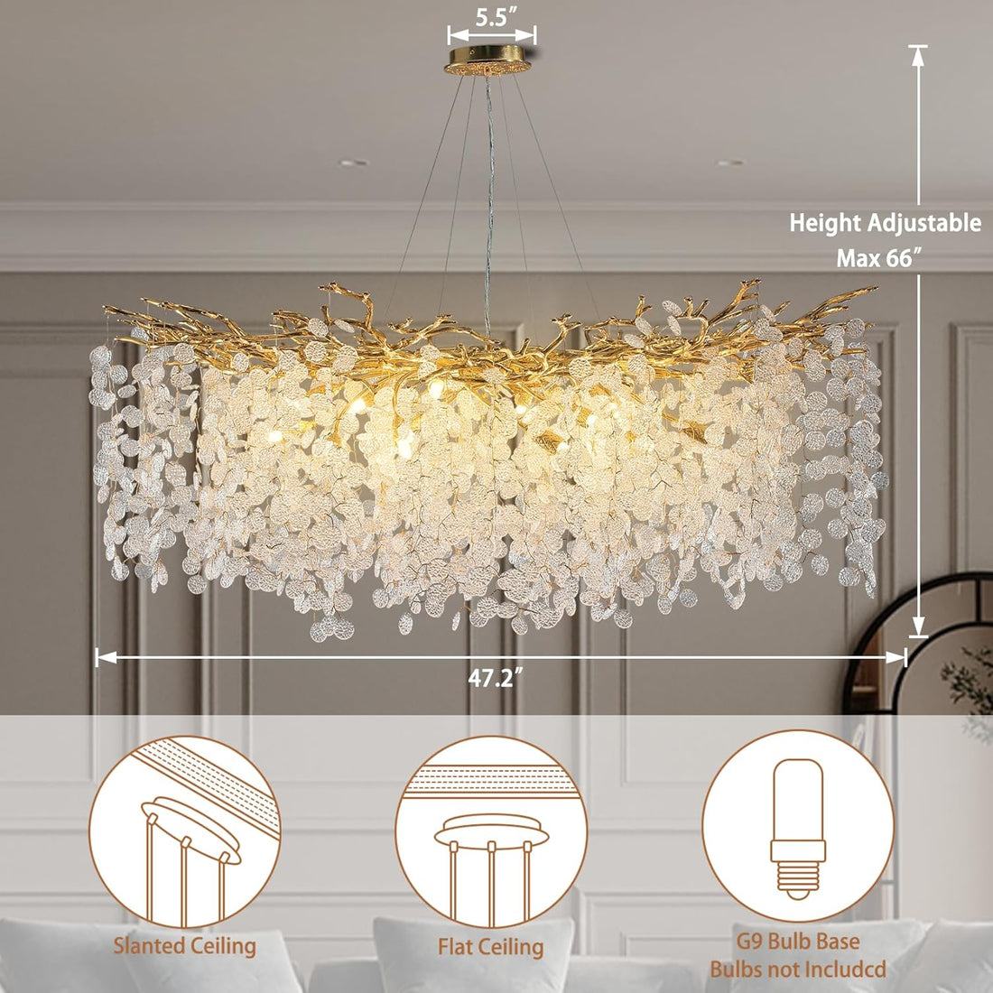 Tree Branch Crystal Chandelier Luxury Gold Crystal Hanging Pendant Lighting Fixture 47.2" Round 18-Light Chandeliers for Dining Room Kitchen Bedroom Living Room Restaurant