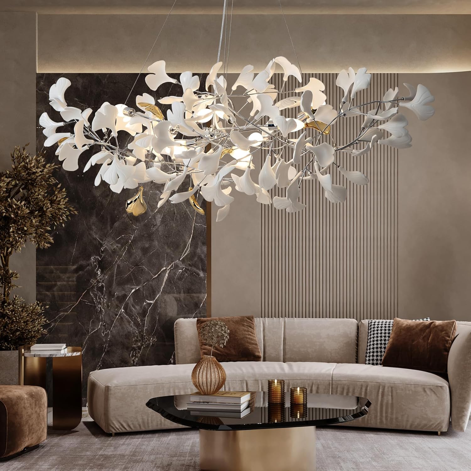Silver Ginkgo Leaf Branch Chandelier – 59" Modern Brass Light - Camilalamps - CA-B0DLB3MJ51
