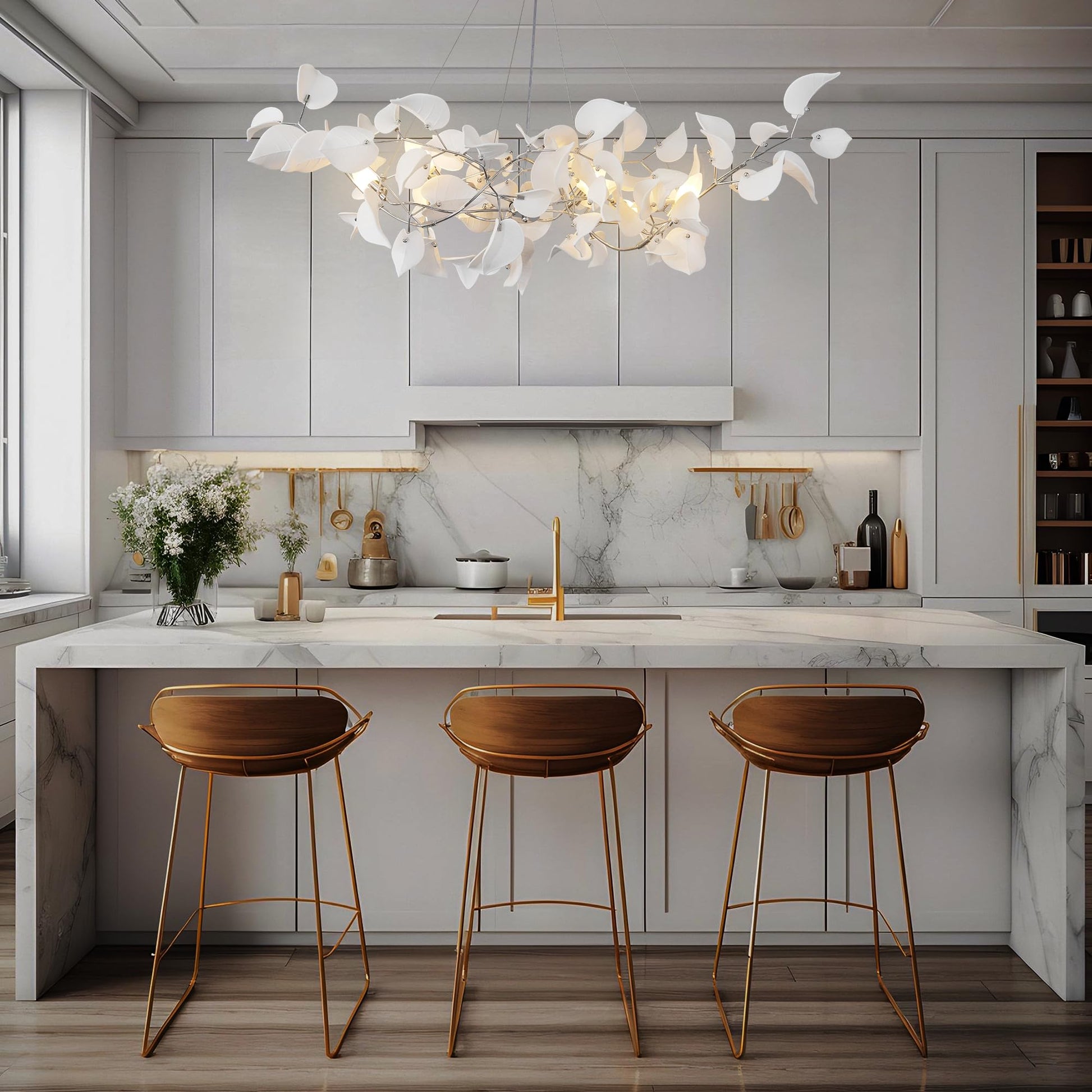 31.5" Silver Tree Branches Chandelier, Ceramic Ginkgo Leaf Chandelier, 6 - Light Modern Round Chandeliers Hanging Lighting Fixtures for Dining Room, Living Room Over Table, Kitchen, Foyer, Bedroom - Camilalamps - B0FFT4CNG8
