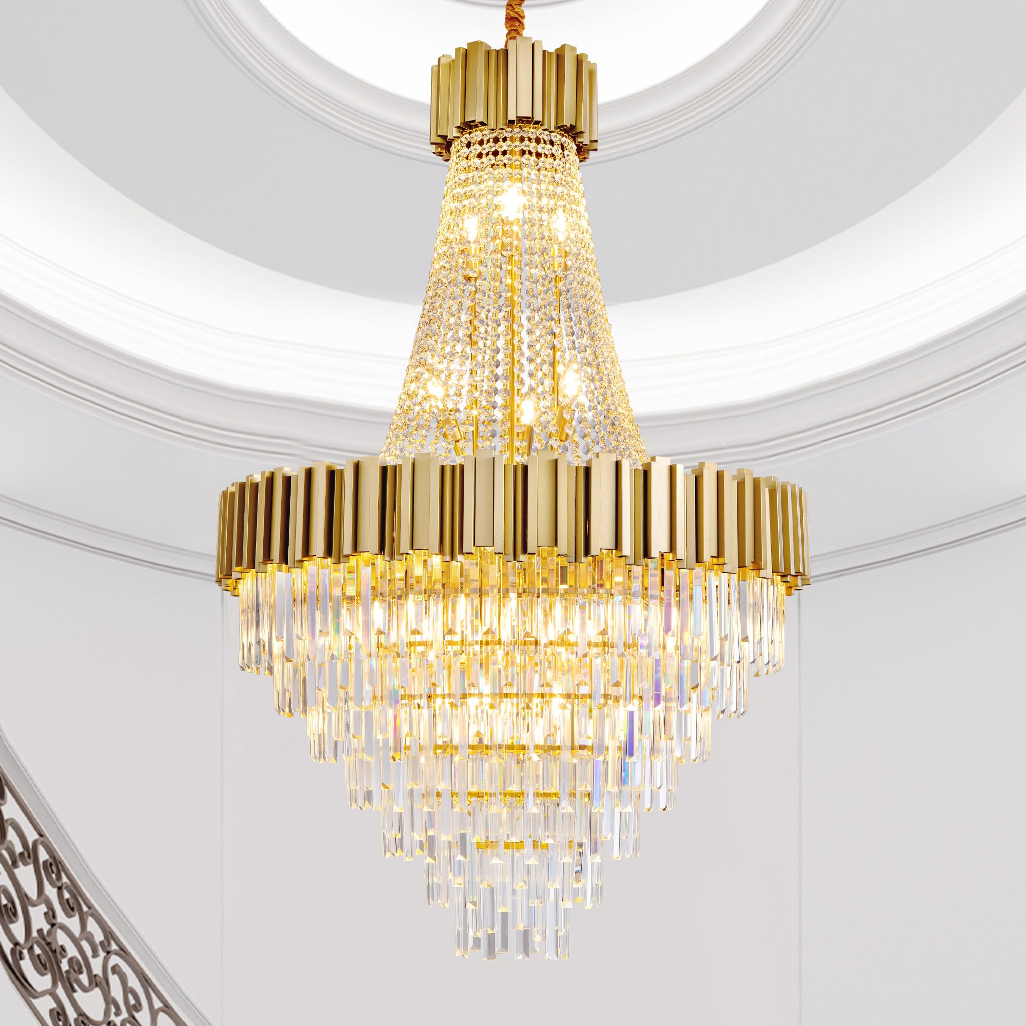 H39" Long Crystal Chandelier for High Ceilings, 20-Light Modern Black Large Chandeliers for Staircase Foyer Entryway Living Room Hallway, 7-Tier Luxury Top K9 Crystal Tiered Ceiling Light Fixture