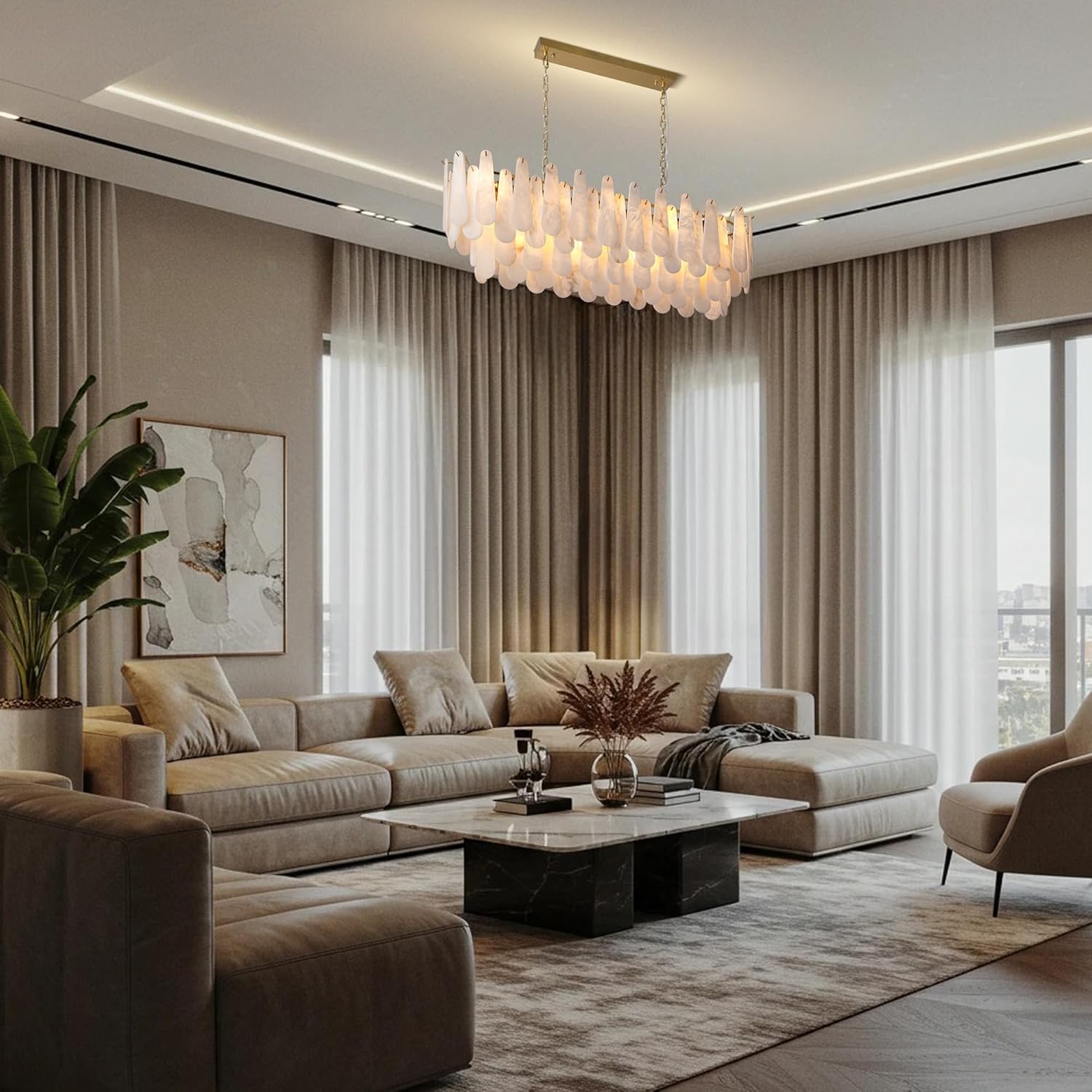 Luxury Modern Alabaster Brass Rectangle Chandelier with Adjustable Height - Camilalamps - CA-B0FHQDKLKH