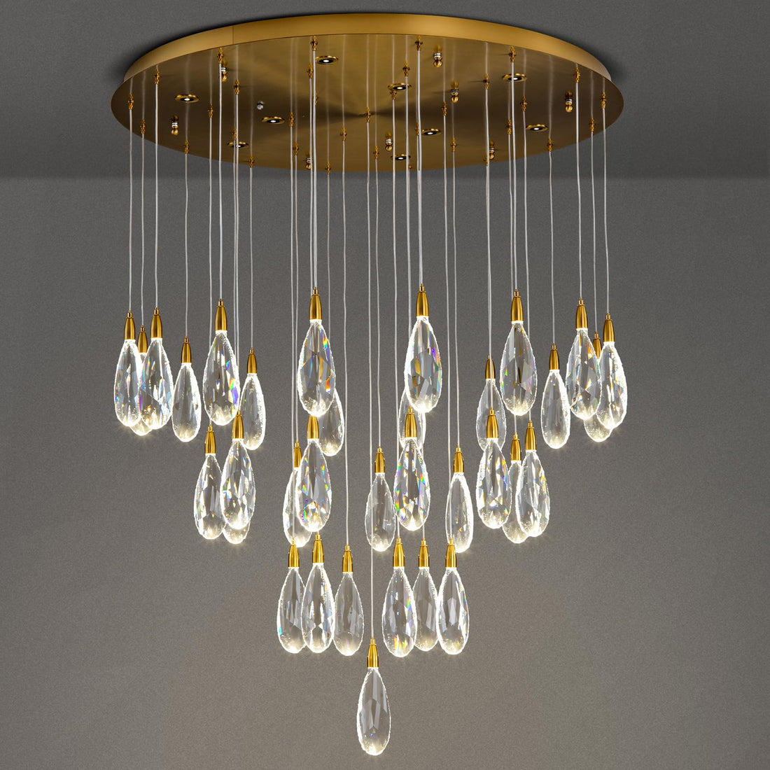Modern Crystal Chandelier, 36“ Gold Round Raindrop Chandelier, 43-Light Chandeliers for Living Room Dining Room Foyer Entryway Staircase High Ceilings, Luxury K9 Teardrop Light Fixture