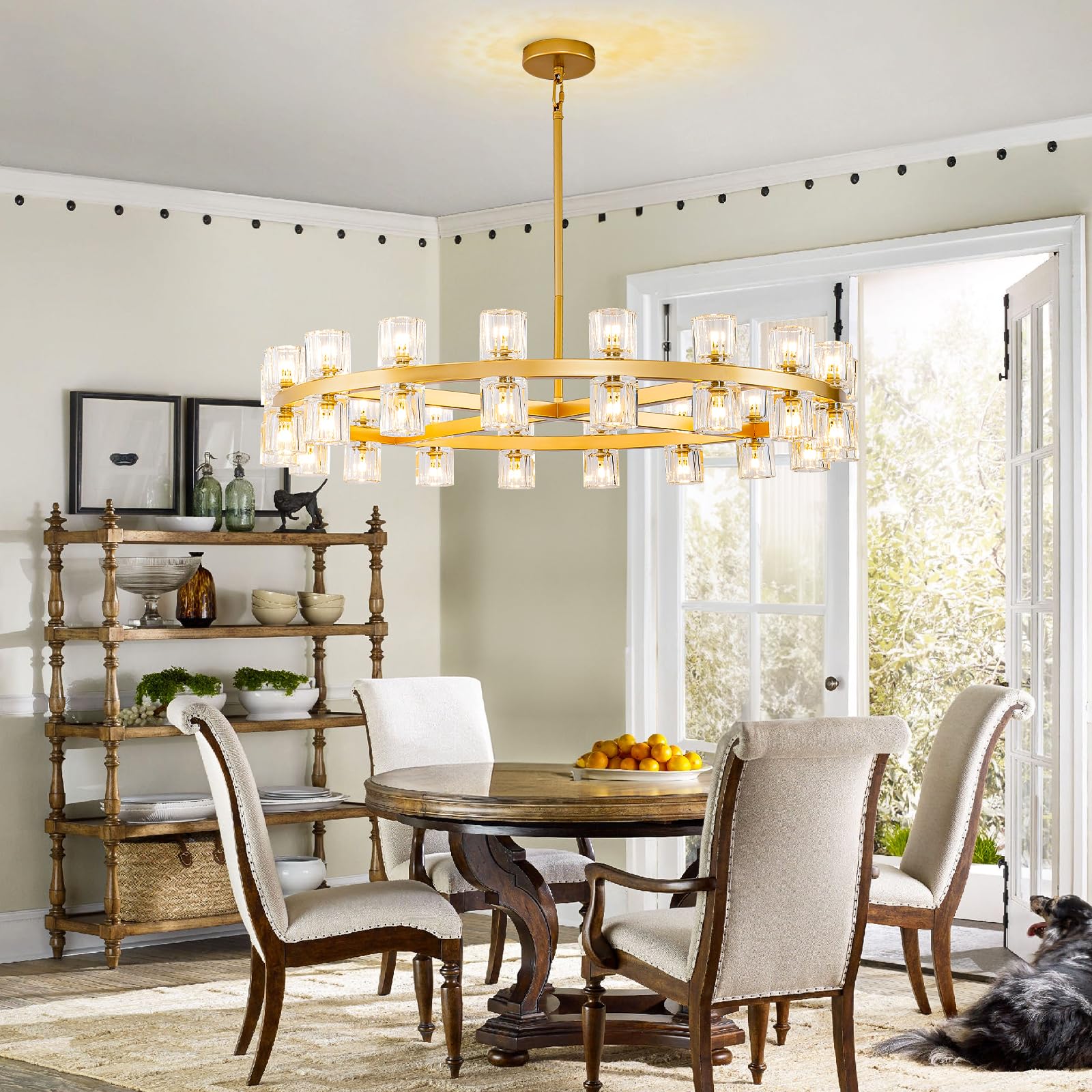 48 Inch Black Wagon Wheel Chandelier with Crystal Shade, 48 Lights, Modern Farmhouse Style, Ideal for Dining Room, Kitchen, Entryways - Camilalamps - B0DPJY8R54