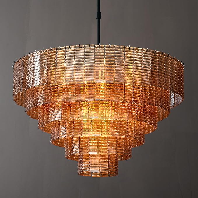 41" Extra Large 18 - Light Amber Glass Black Round Chandelier - Camilalamps - CA-B0FPM873C1