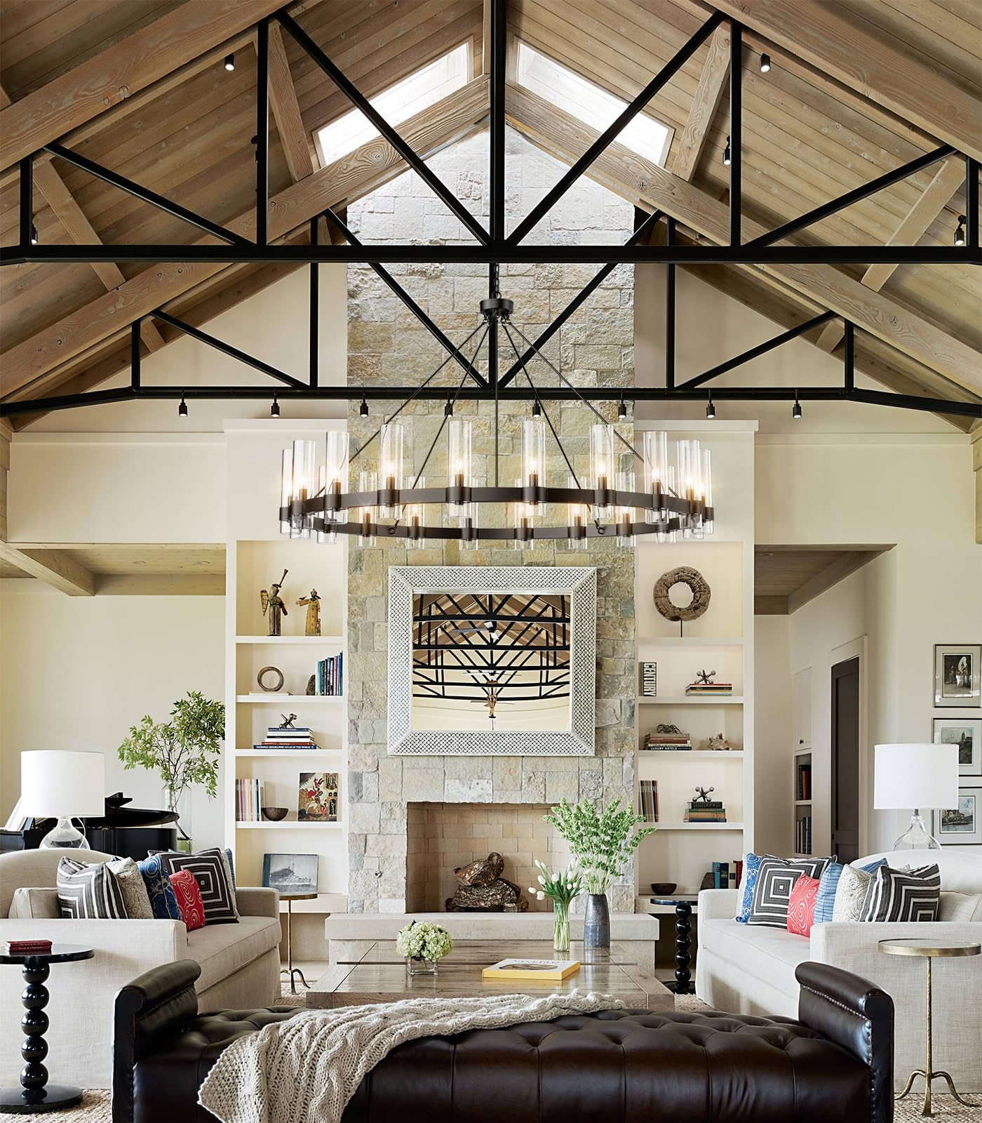60 Inch Gold Chandelier, Wagon Wheel Chandelier with Glass Shade, 20 - Lights Large Round Modern Farmhouse High Ceiling Pendant Lighting Fixture for Dining Room, Living Room, Kitchen, Foyer - Camilalamps - B0CNRHR35D