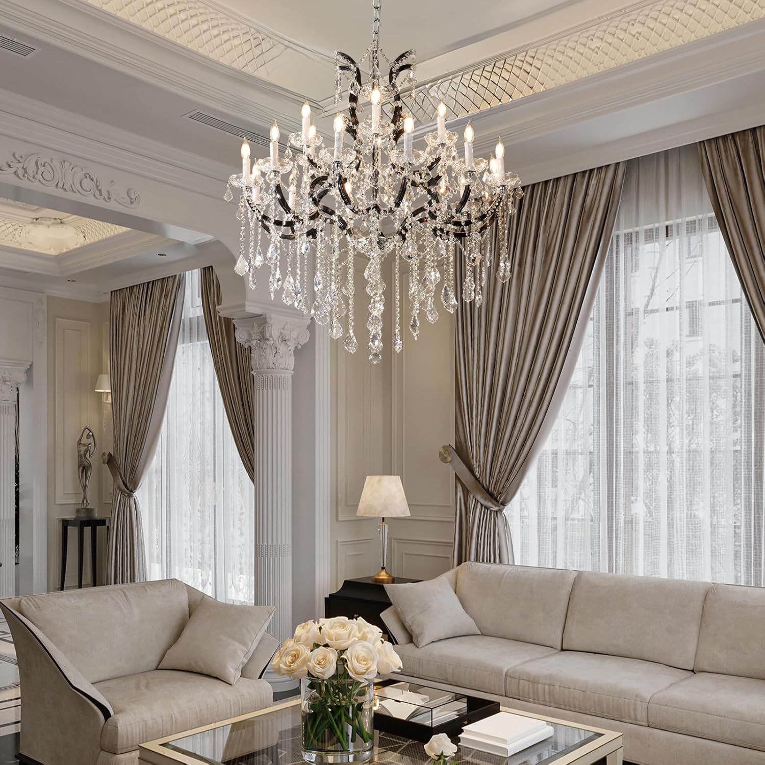 Black Large K9 Crystal Chandelier 18 - Lighting Maria Theresa Chandeliers Luxury Modern High Ceiling Candle Chandelier Pendant Light Fixture 41" for Living Room, Dining, Foyer, Staircase, Entryway - Camilalamps - CA-B0FQBMMWLX