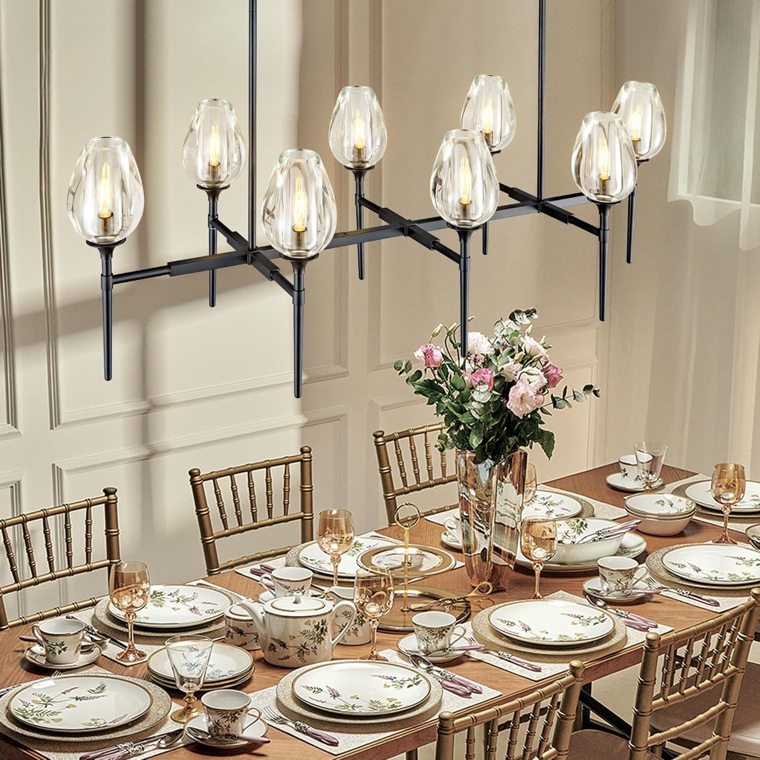 Modern Black 8 - Light 52in Rectangle Crystal Pendant Chandelier for Dining - Camilalamps - CA-B0DD45QJZT