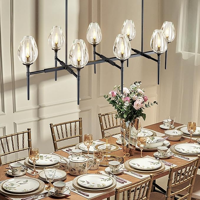 Modern Black 8 - Light 52in Rectangle Crystal Pendant Chandelier for Dining - Camilalamps - CA-B0DD45QJZT