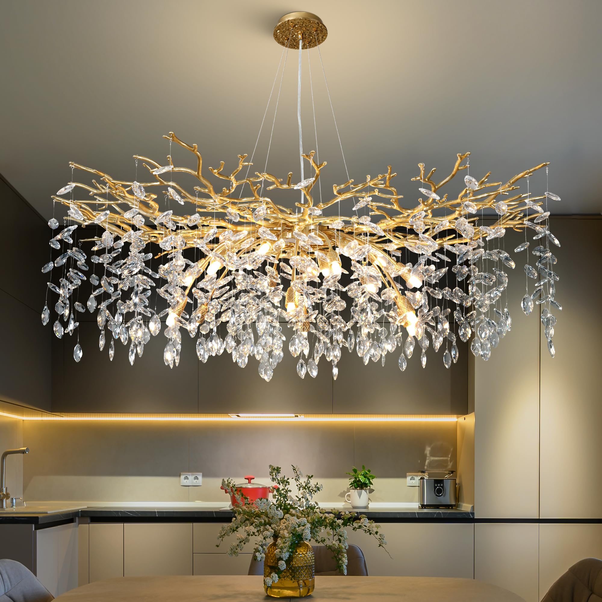 60" Modern Gold Crystal Tree Branch Chandelier, 16-Light Rectangular Chandeliers for Dining Room, Kitchen Island, Living Room, Luxury K9 Crystal Raindrop Light Fixture
