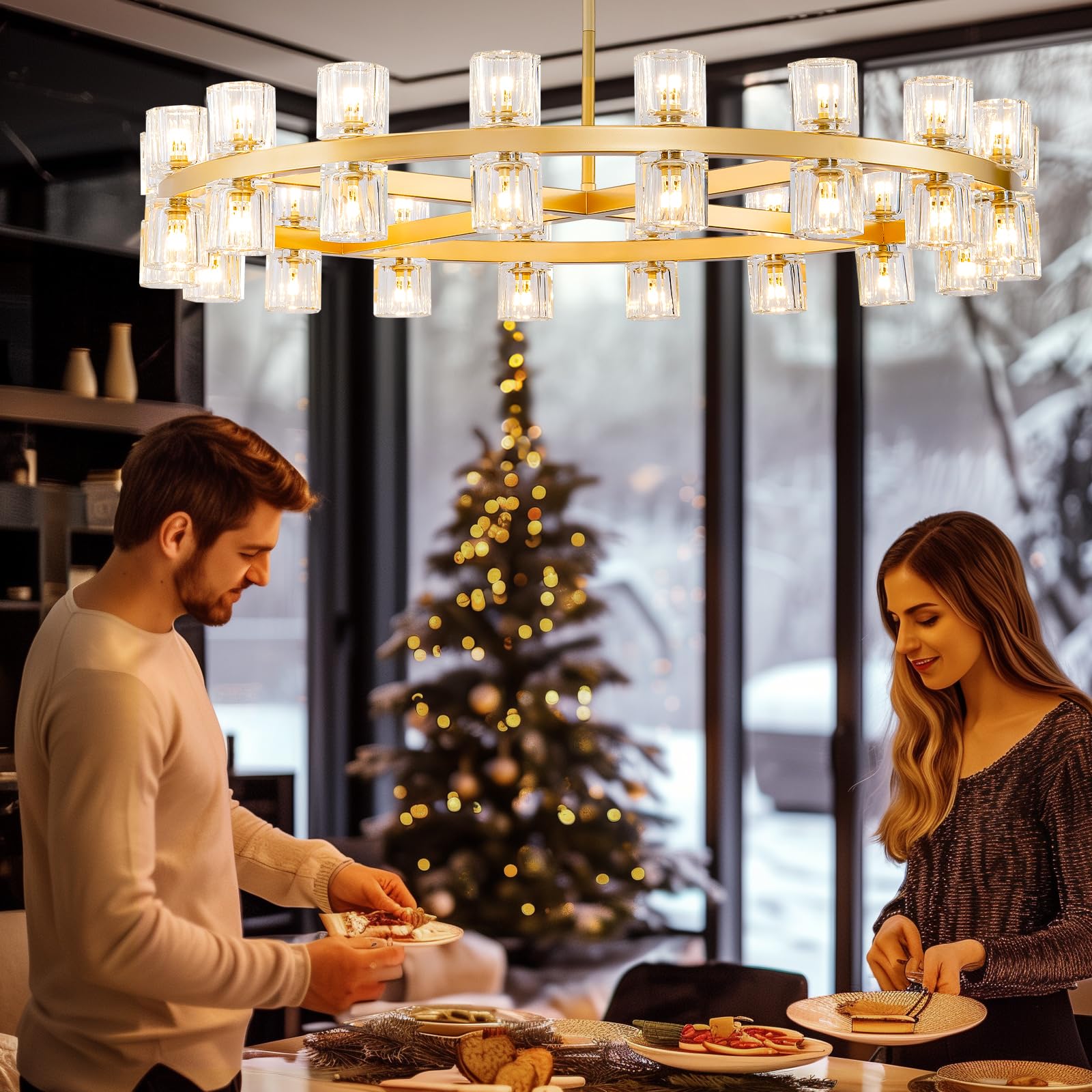 48 Inch Black Wagon Wheel Chandelier with Crystal Shade, 48 Lights, Modern Farmhouse Style, Ideal for Dining Room, Kitchen, Entryways - Camilalamps - B0DPJY8R54