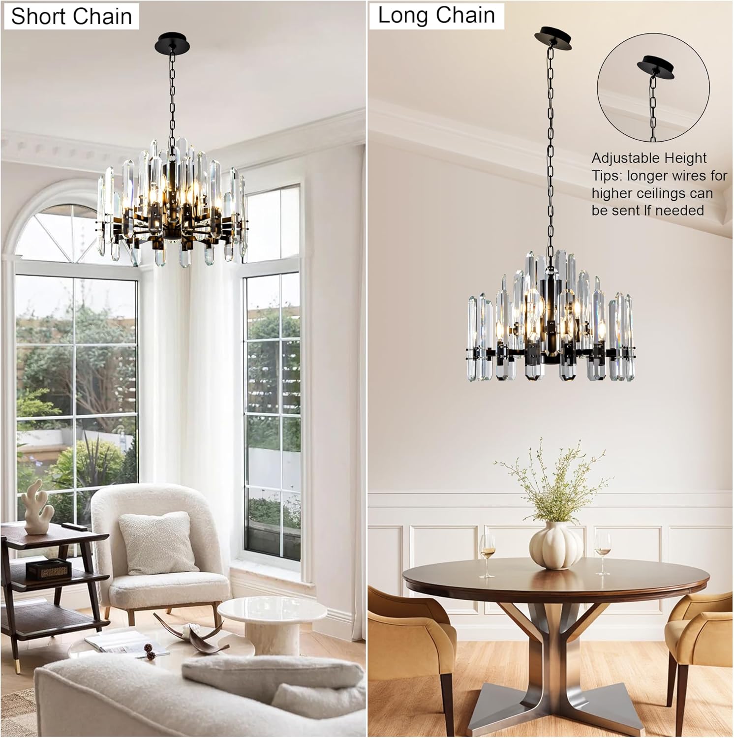 24" Black Modern Crystal Chandelier with Adjustable Height - Camilalamps - CA-B0FJFX93R1