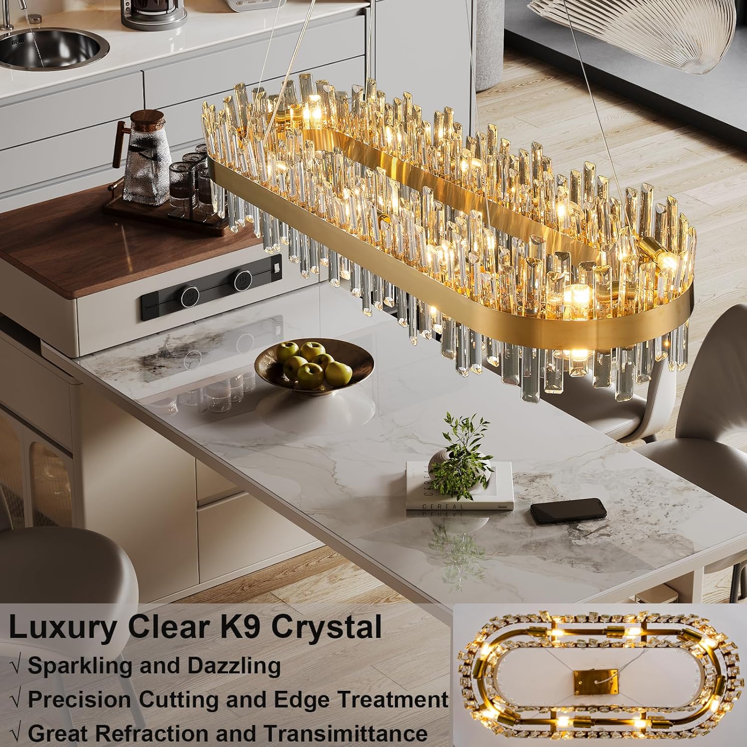Luxury Gold 2 - Tier Rectangular Crystal Chandelier 52" L Dining - Camilalamps - CA-B0CT8P57Z1
