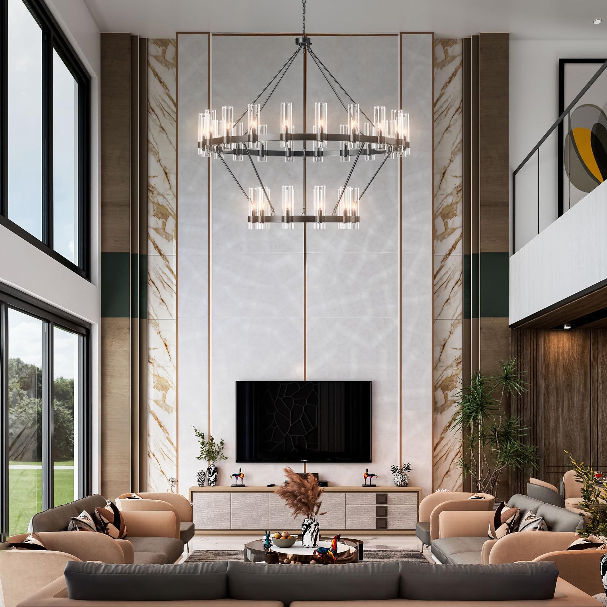 60 Inch Gold Chandelier, Wagon Wheel Chandelier with Glass Shade, 20 - Lights Large Round Modern Farmhouse High Ceiling Pendant Lighting Fixture for Dining Room, Living Room, Kitchen, Foyer - Camilalamps - B0CNRHR35D