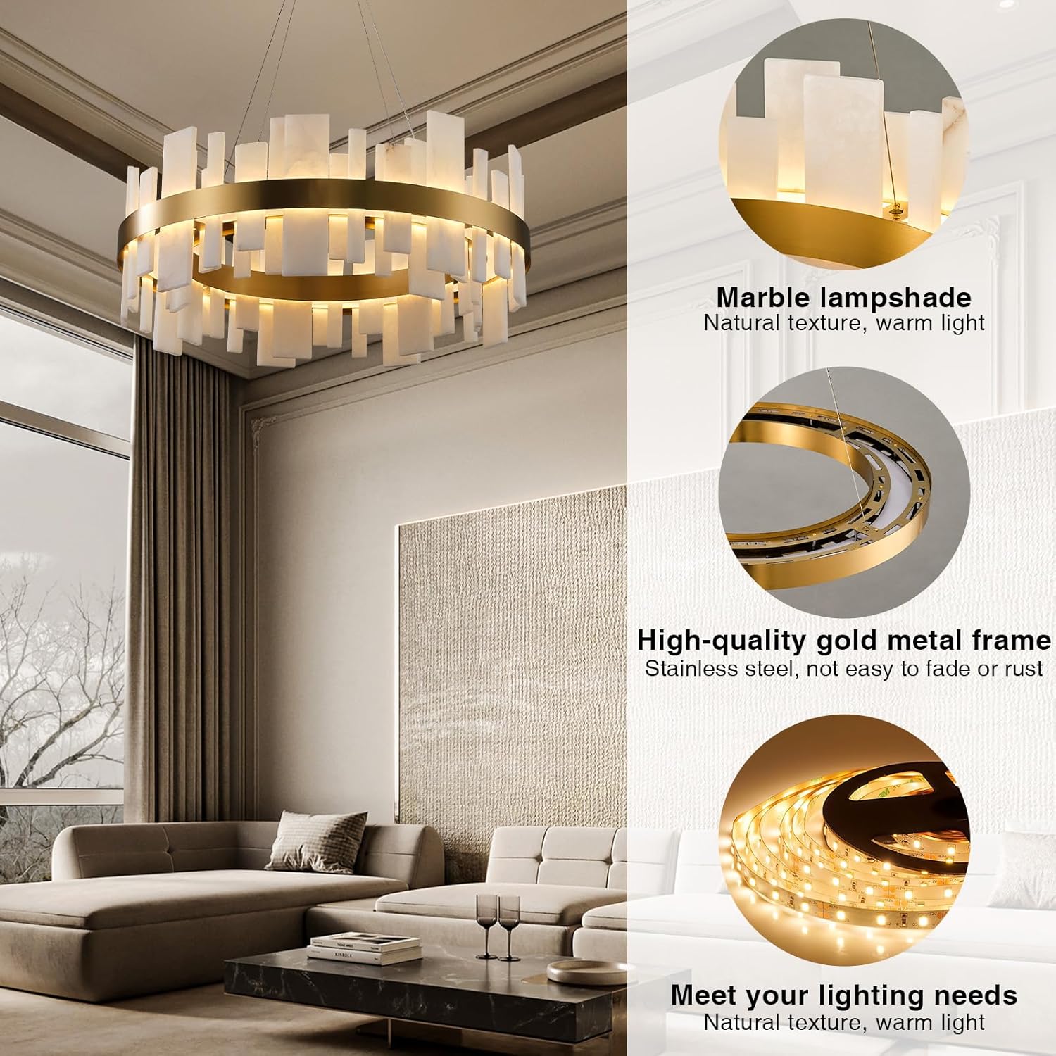 Adjustable Luxury Alabaster Round Chandelier – 31.5in Natural Stone - Camilalamps - CA-B0F1XZS6XQ