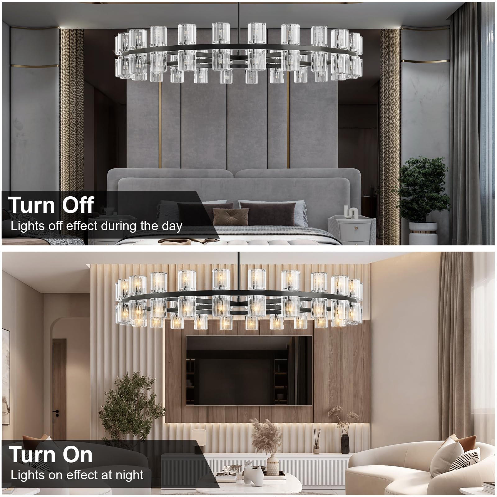 48 Inch Black Wagon Wheel Chandelier with Crystal Shade, 48 Lights, Modern Farmhouse Style, Ideal for Dining Room, Kitchen, Entryways - Camilalamps - B0DPJY8R54