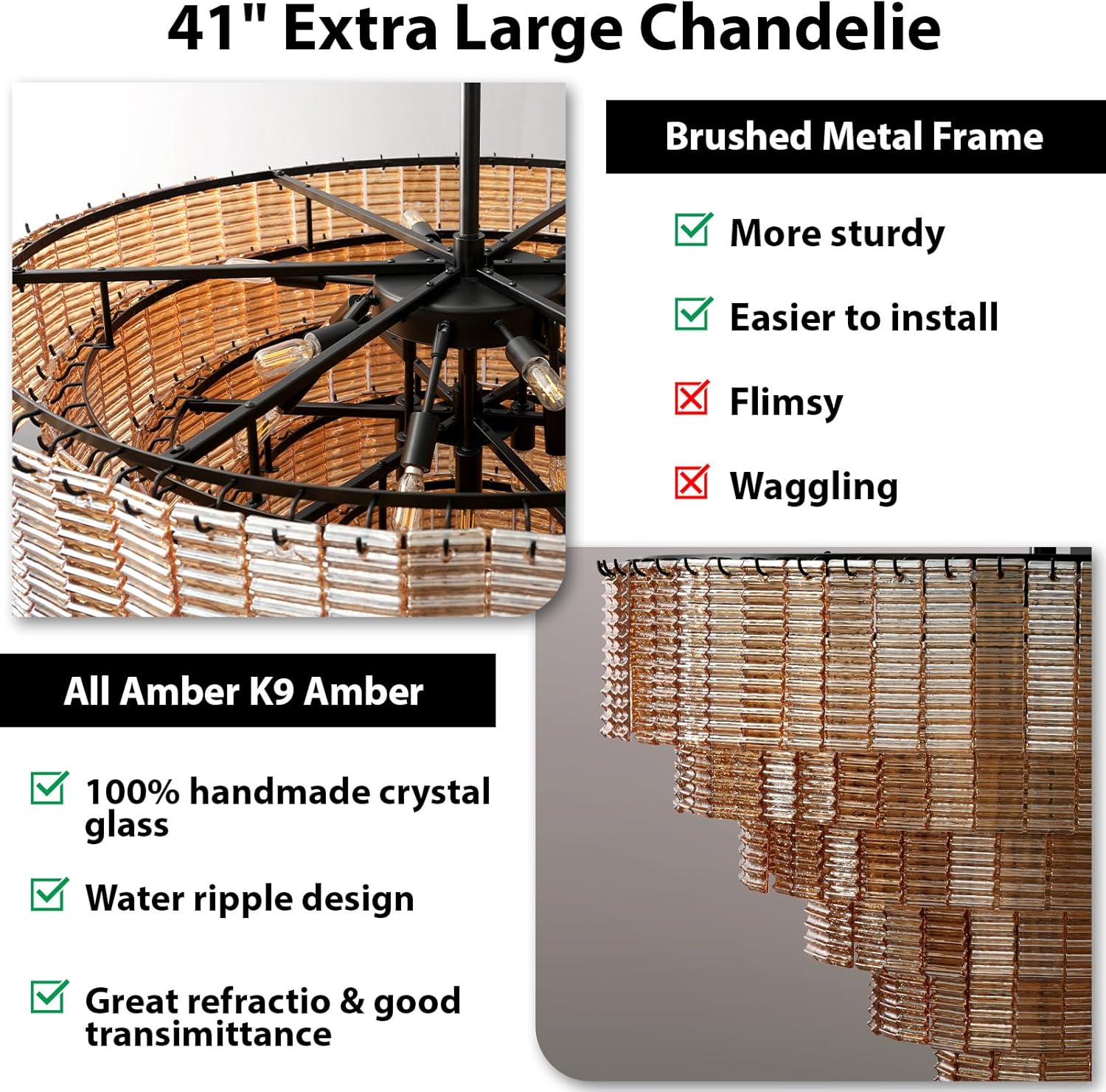 41" Extra Large 18 - Light Amber Glass Black Round Chandelier - Camilalamps - CA-B0FPM873C1