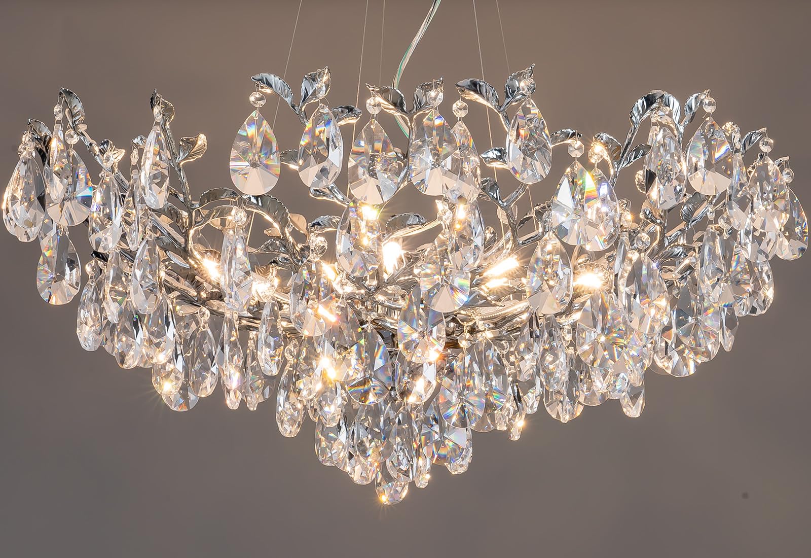 Modern Crystal Chandelier,Silver Ceiling Pendant Flower Hanging Lighting, 31.5" Tree Branch-Leaf Upward Chandelier Light Fixture Perfect for Dining Room, Living Room, Bedroom, Entryway