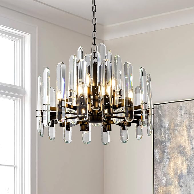 24" Black Modern Crystal Chandelier with Adjustable Height - Camilalamps - CA-B0FJFX93R1