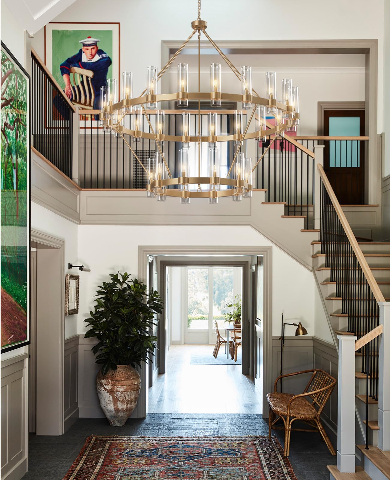 60 Inch Gold Chandelier, Wagon Wheel Chandelier with Glass Shade, 20 - Lights Large Round Modern Farmhouse High Ceiling Pendant Lighting Fixture for Dining Room, Living Room, Kitchen, Foyer - Camilalamps - B0CNRHR35D