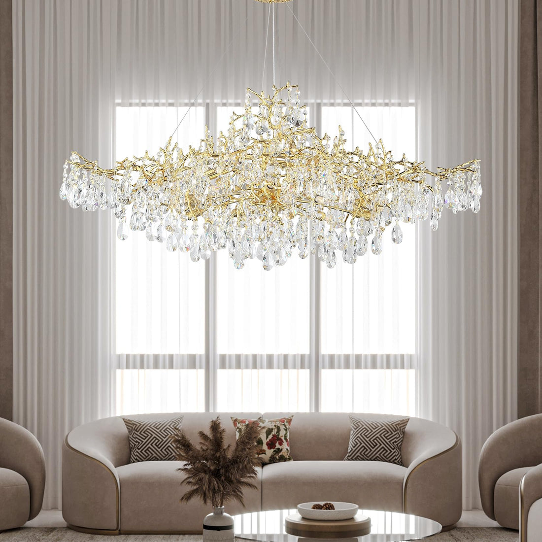 Modern Crystal Chandelier, 60" Gold Rectangular Tree Branch Chandelier for Dining Room, 18-Lights Contemporary Luxury K9 Crystal Raindrop Pendant Light Fixture for Kitchen Island, Living Room
