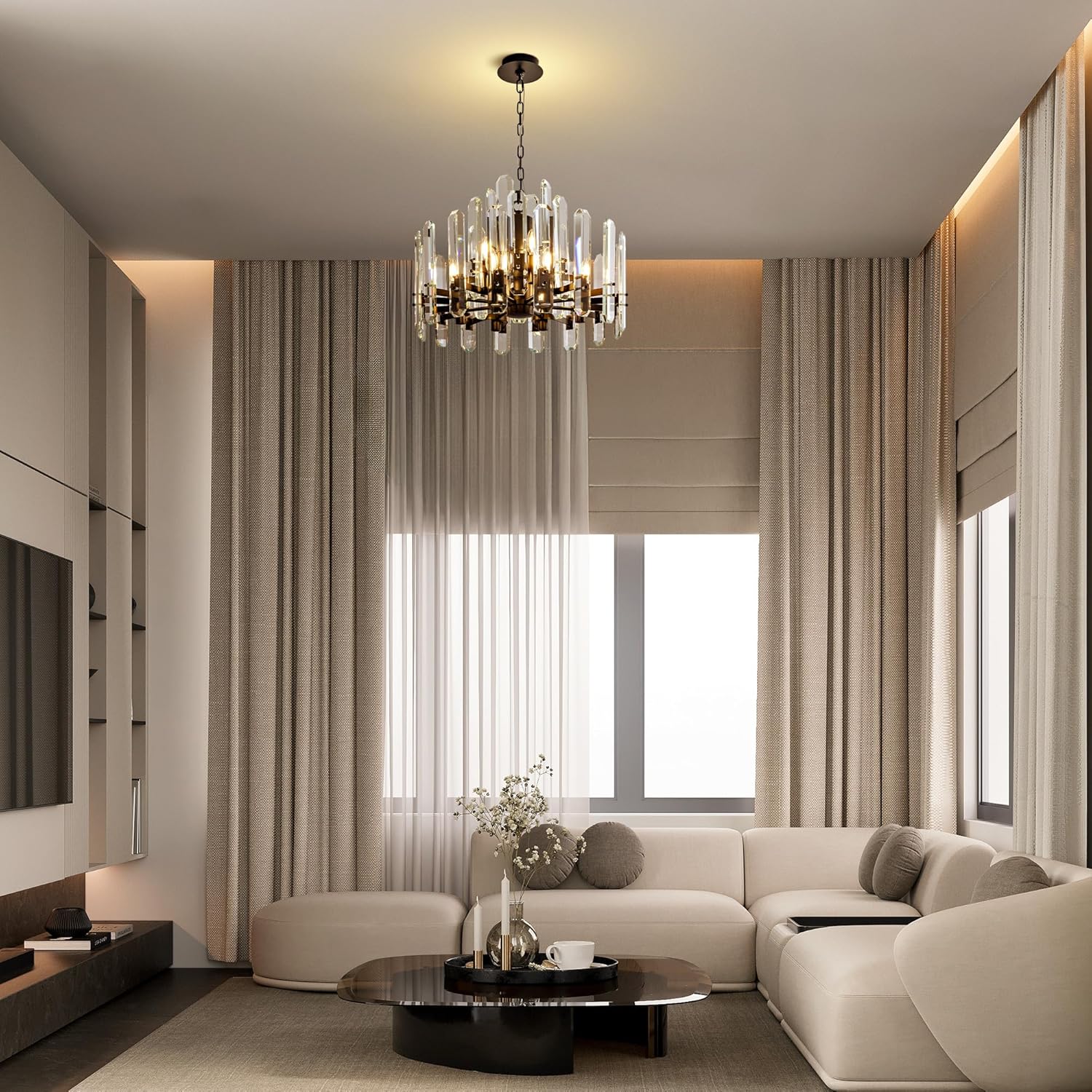 24" Black Modern Crystal Chandelier with Adjustable Height - Camilalamps - CA-B0FJFX93R1