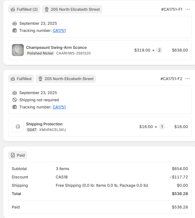 Price difference for order CA1751 - Camilalamps - CA-EXC-0927