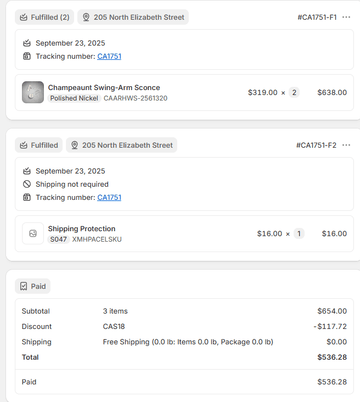 Price difference for order CA1751 - Camilalamps - CA-EXC-0927