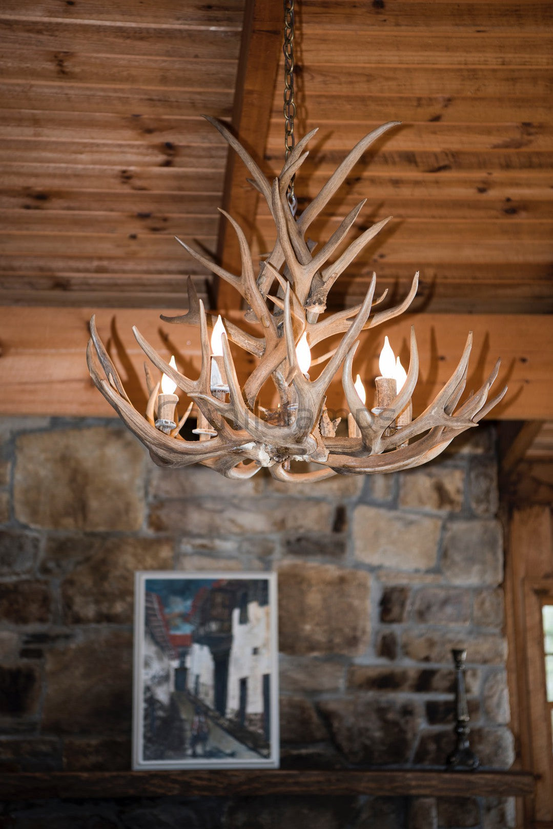 8 Light Reagan Tall Mule Deer Antler Chandelier 36"H
