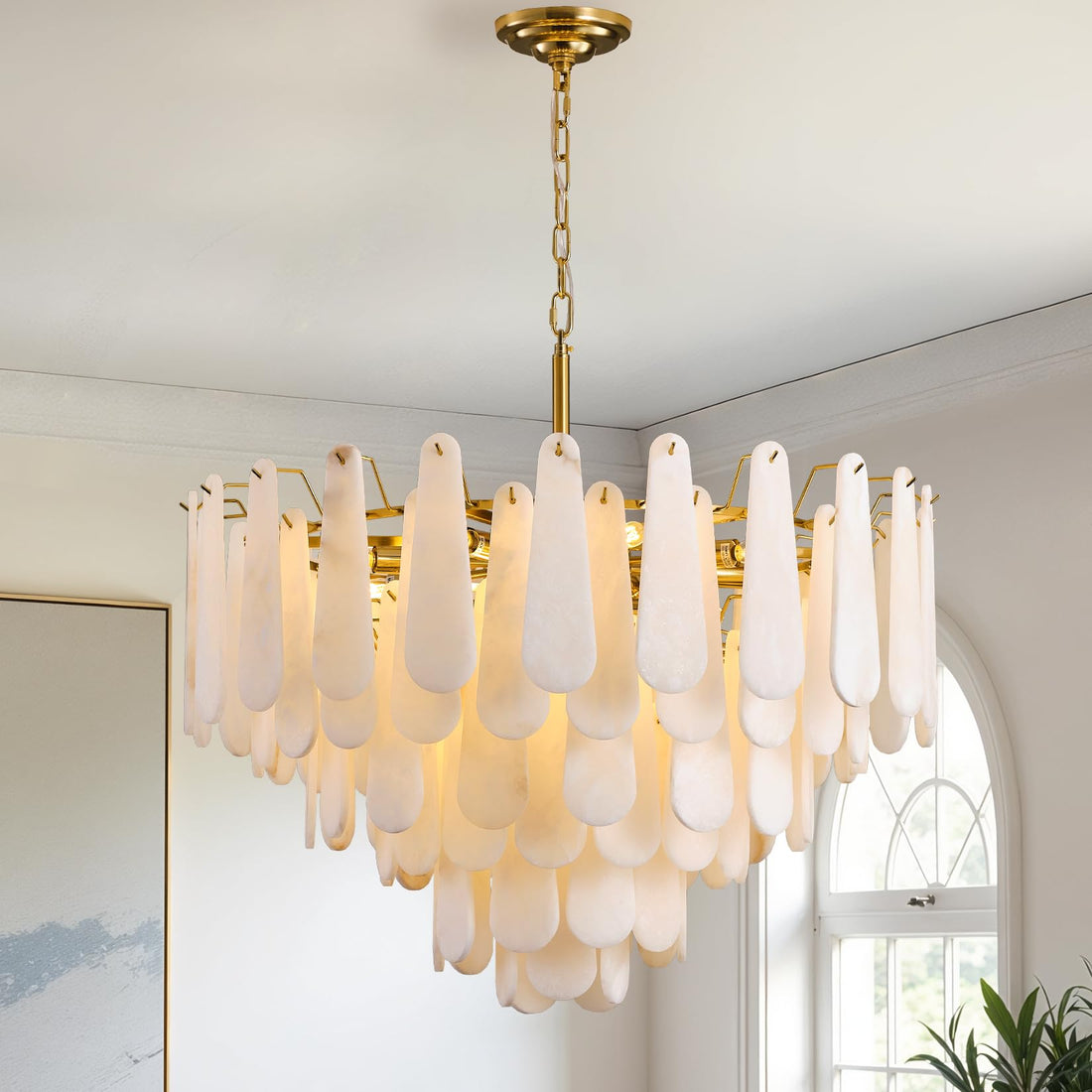 Alabaster Chandelier, D31.5 in Modern Feathery Round Chandelier, 6 - Tiers Luxury Large White Marble Brass Chandeliers for Dining Room Bedroom Foyer Living Room Entryway - Camilalamps - B0FHQDKLKH