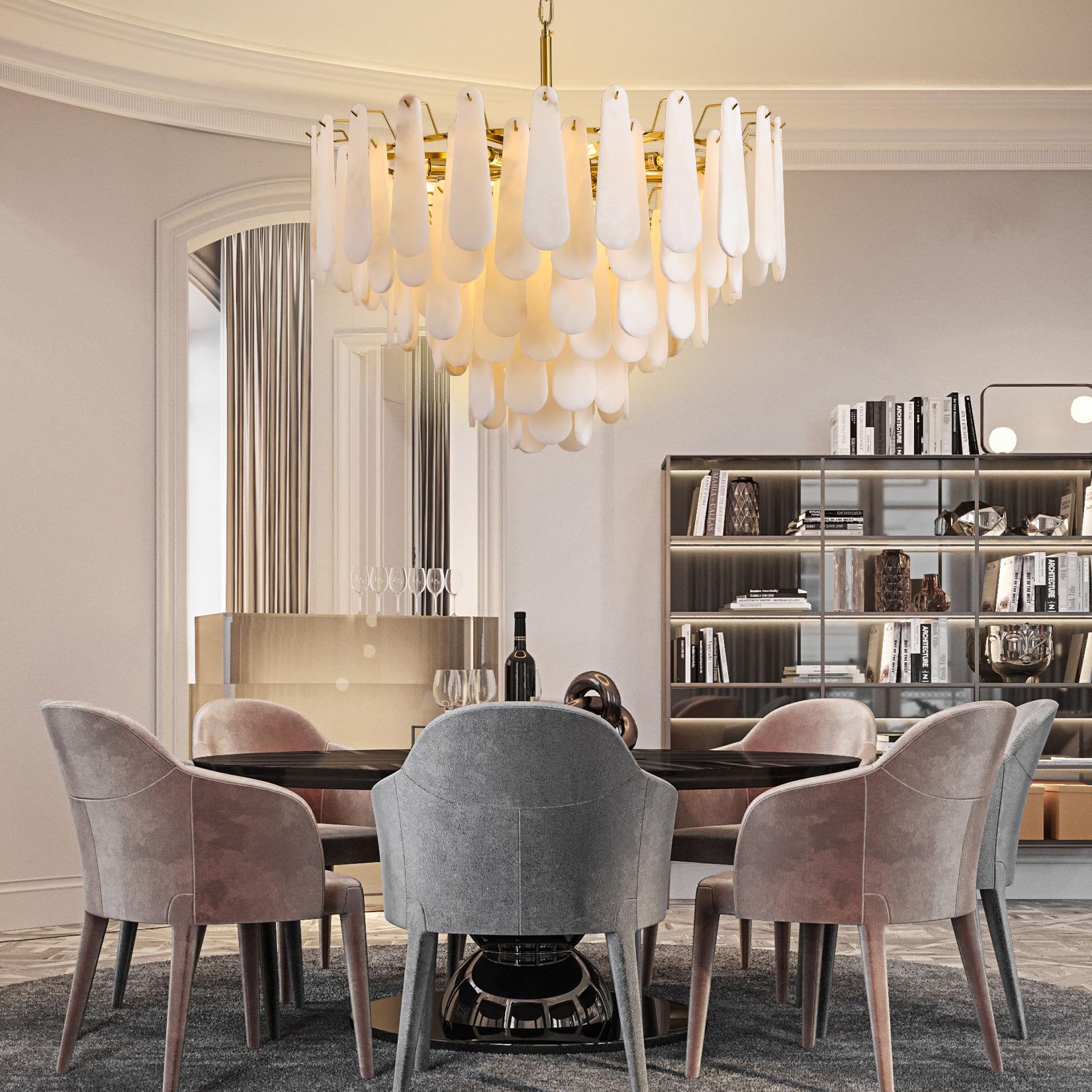 Alabaster Chandelier for Dining Room, 6 - Tier Modern Round Chandeliers, D31.5in Adjustable Marble Pendant Light Fixture, White Marble Oval Ceiling Light for Dining Table Kitchen Island Living Room - Camilalamps - B0DYNQLWKM