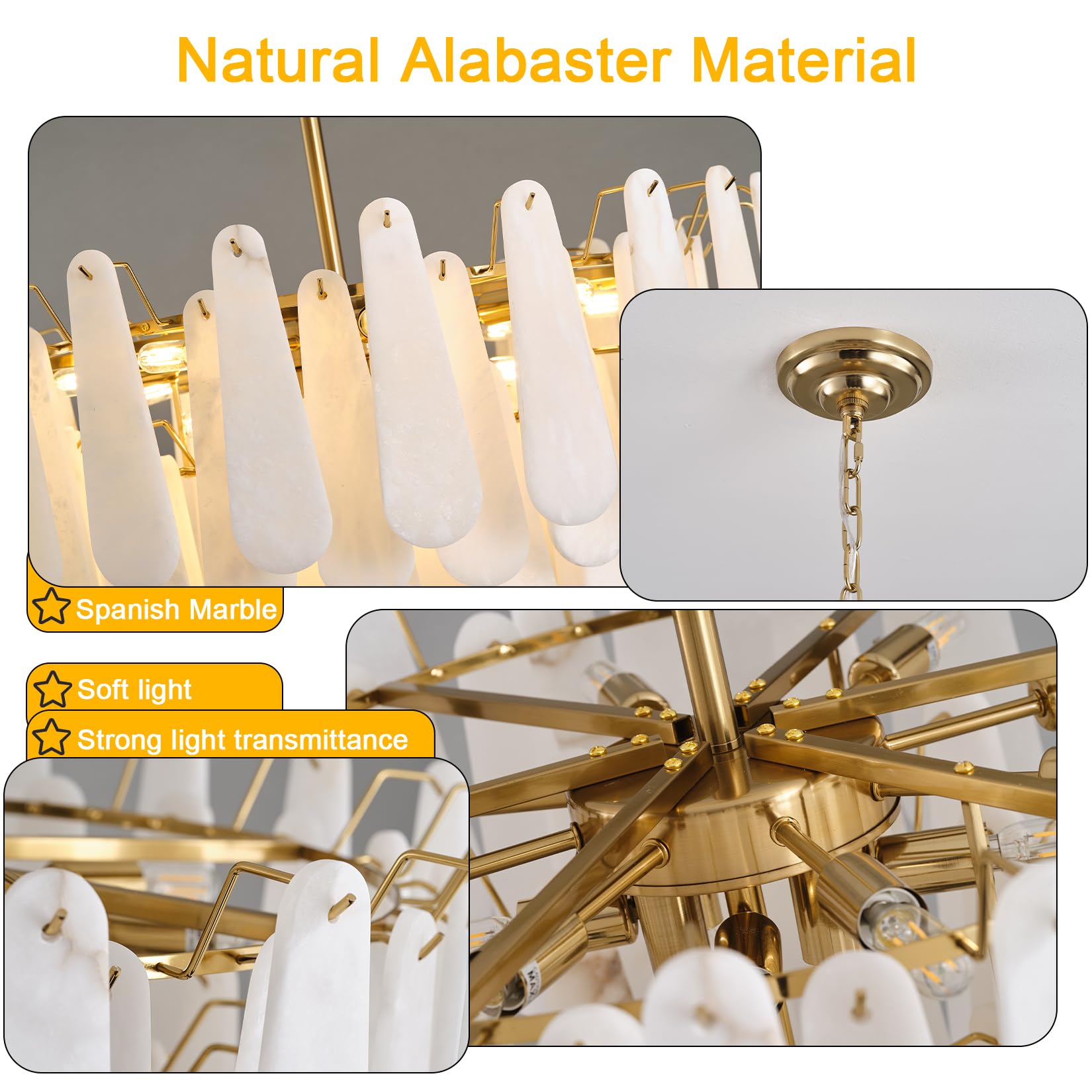 Alabaster Chandelier for Dining Room, 6 - Tier Modern Round Chandeliers, D31.5in Adjustable Marble Pendant Light Fixture, White Marble Oval Ceiling Light for Dining Table Kitchen Island Living Room - Camilalamps - B0DYNQLWKM